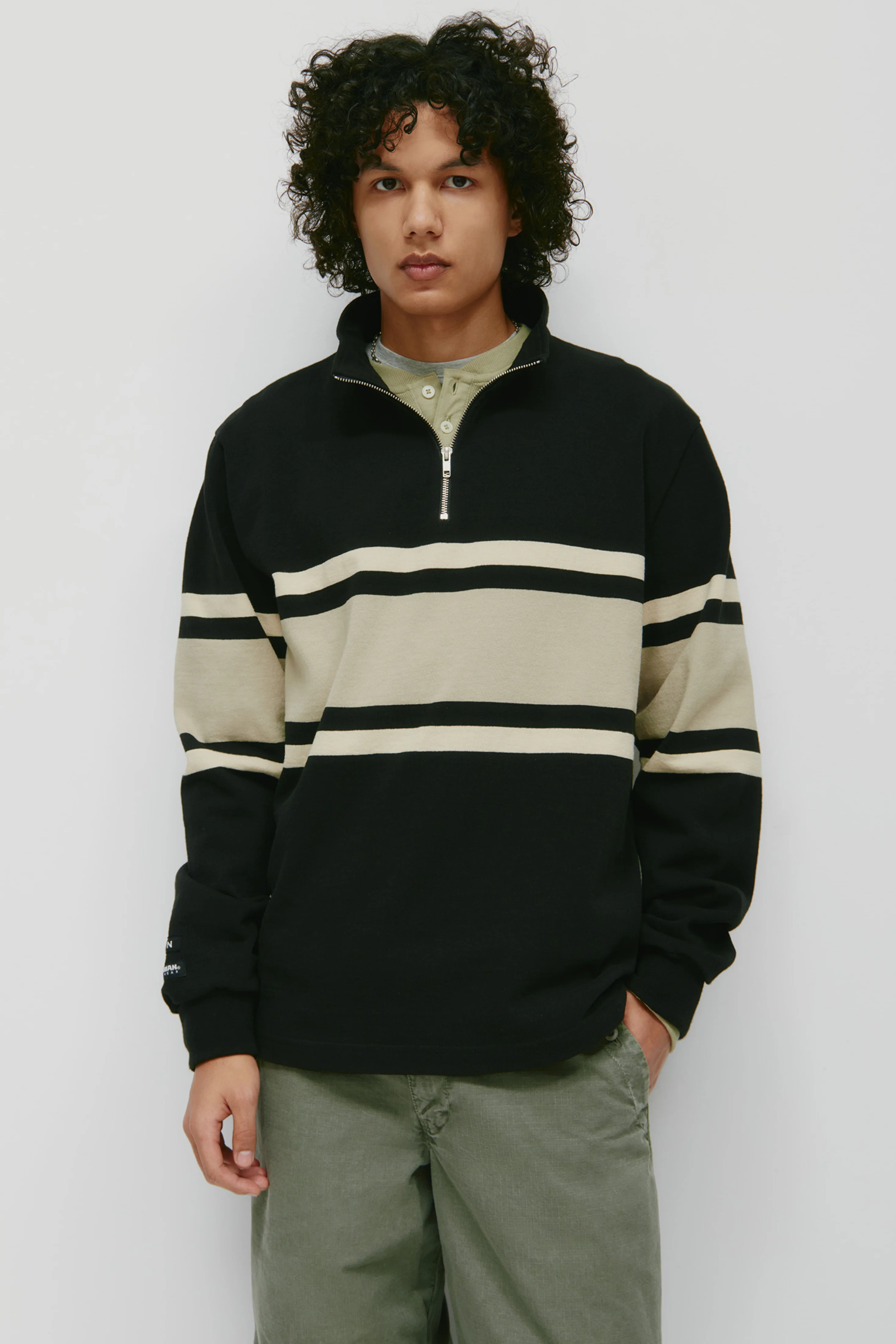 Men's Barbarian Zip Rugby in Black/Taupe Stripe - Image 3