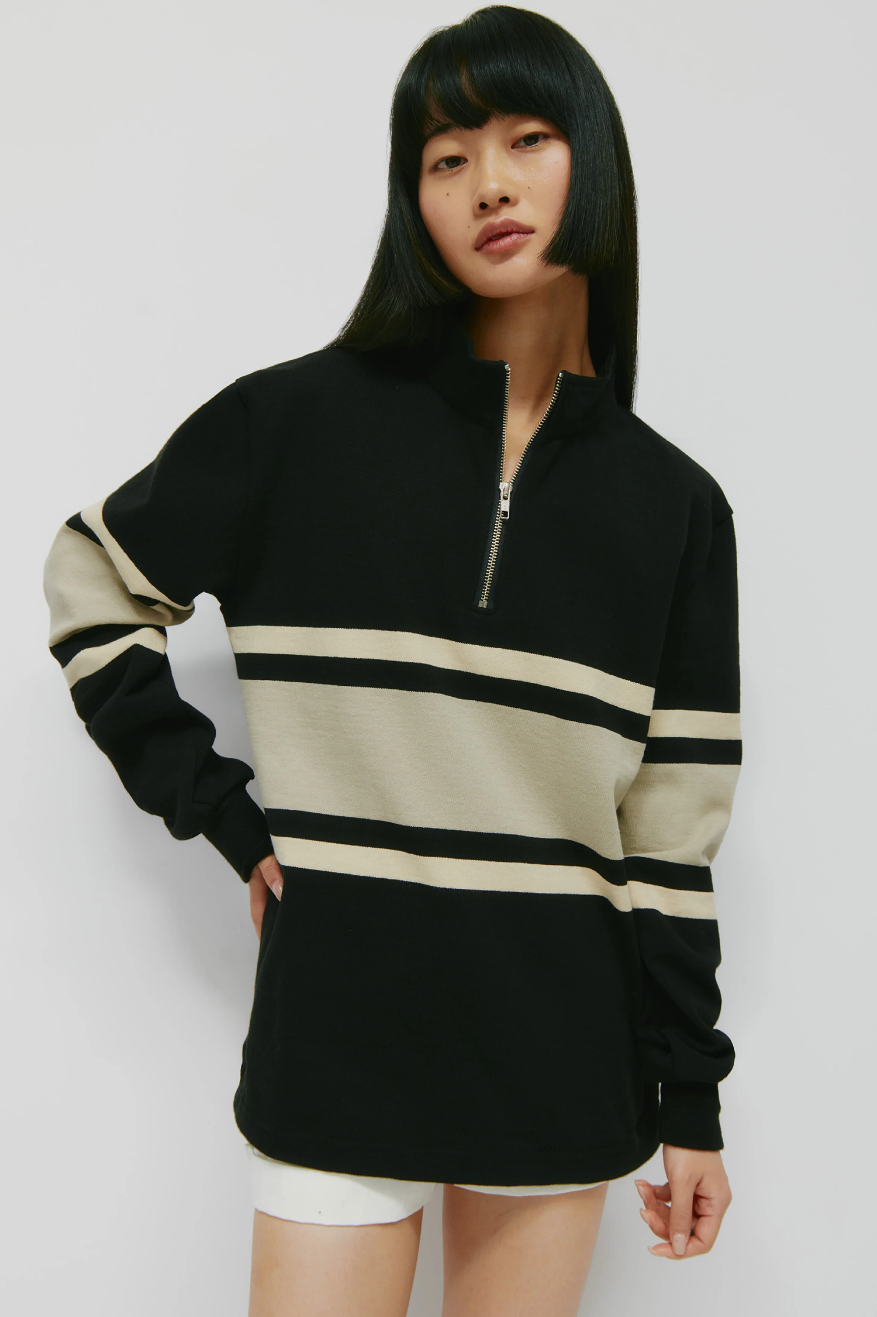 Men's Barbarian Zip Rugby in Black/Taupe Stripe - Image 4