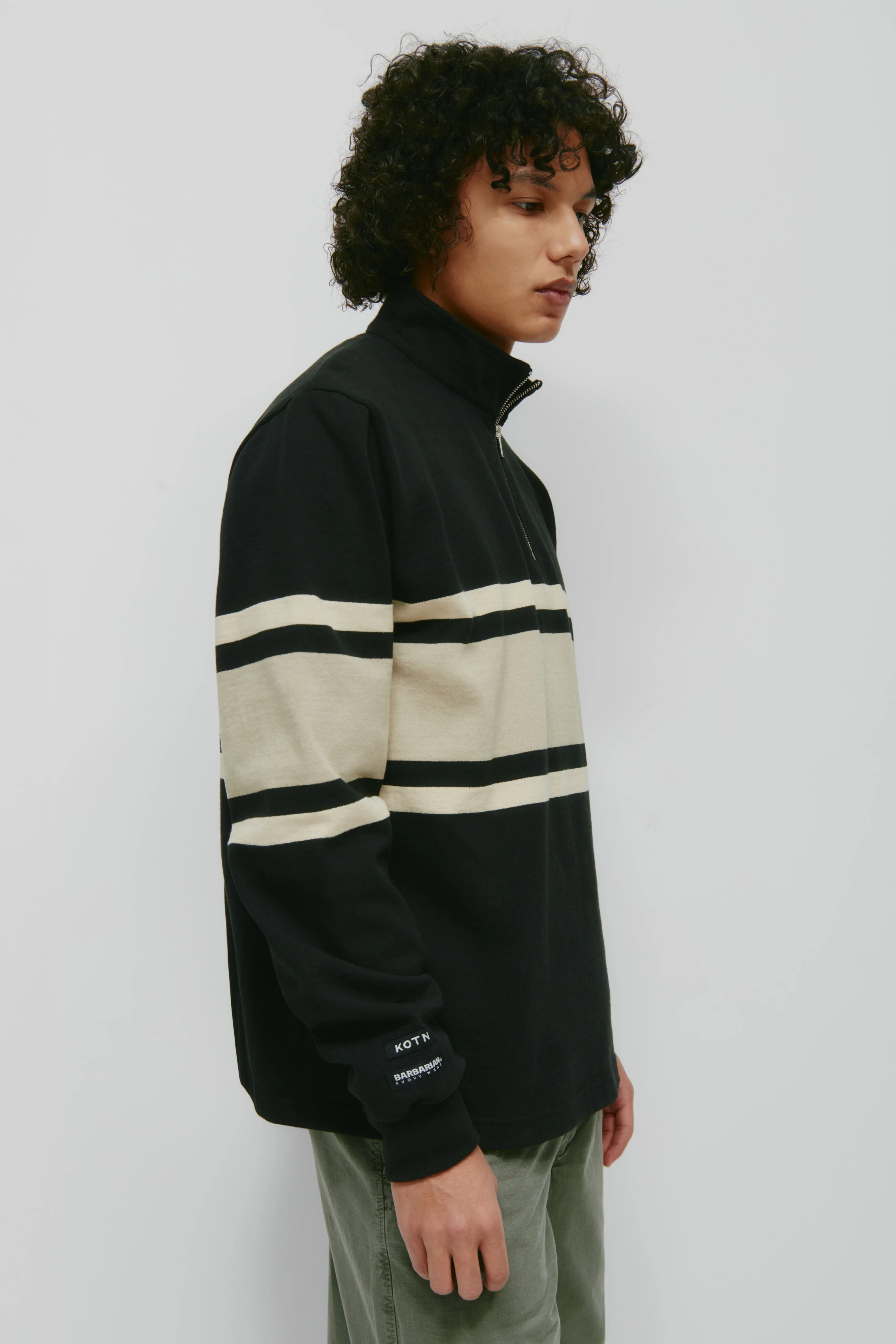 Men's Barbarian Zip Rugby in Black/Taupe Stripe - Image 5
