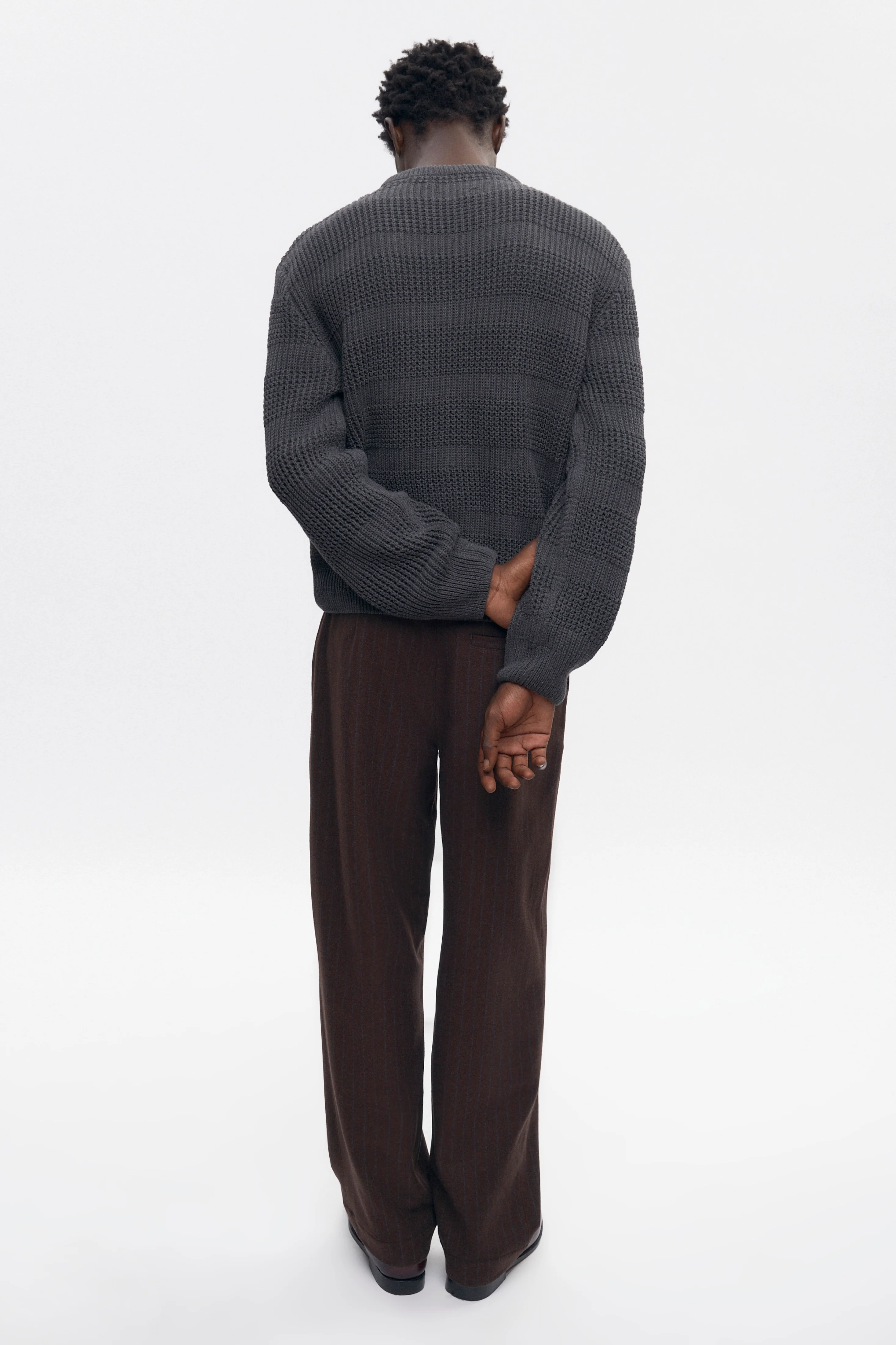 Men's Grid Stitch Crewneck Sweater in Charcoal Melange - Image 6