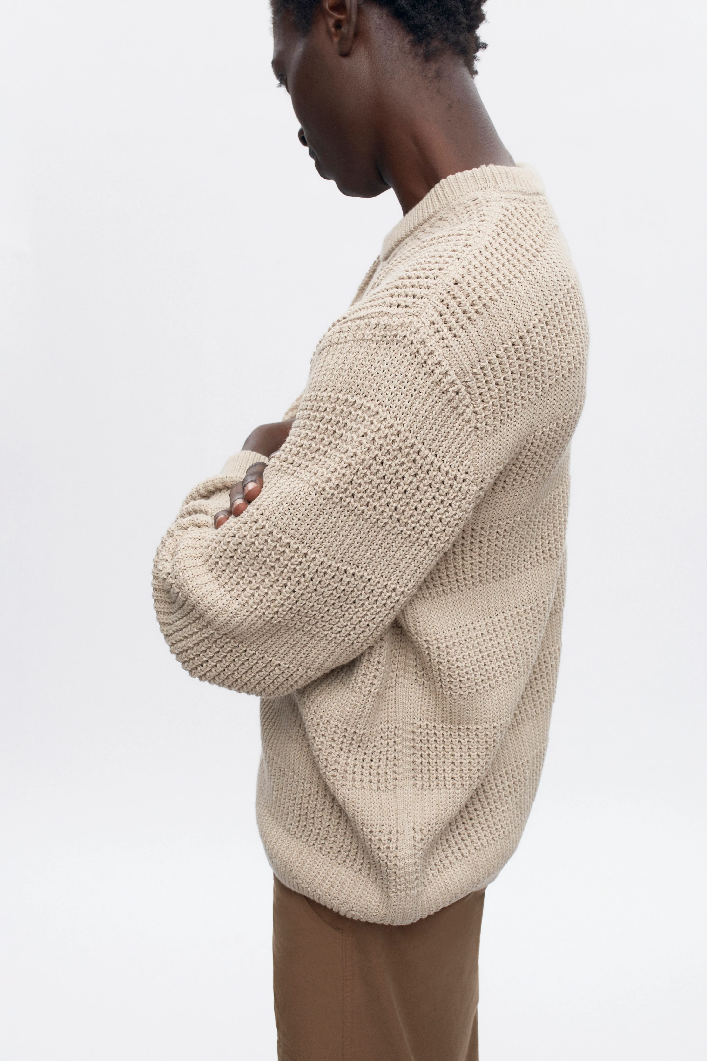Men's Grid Stitch Crewneck Sweater in Oat Melange - Image 3