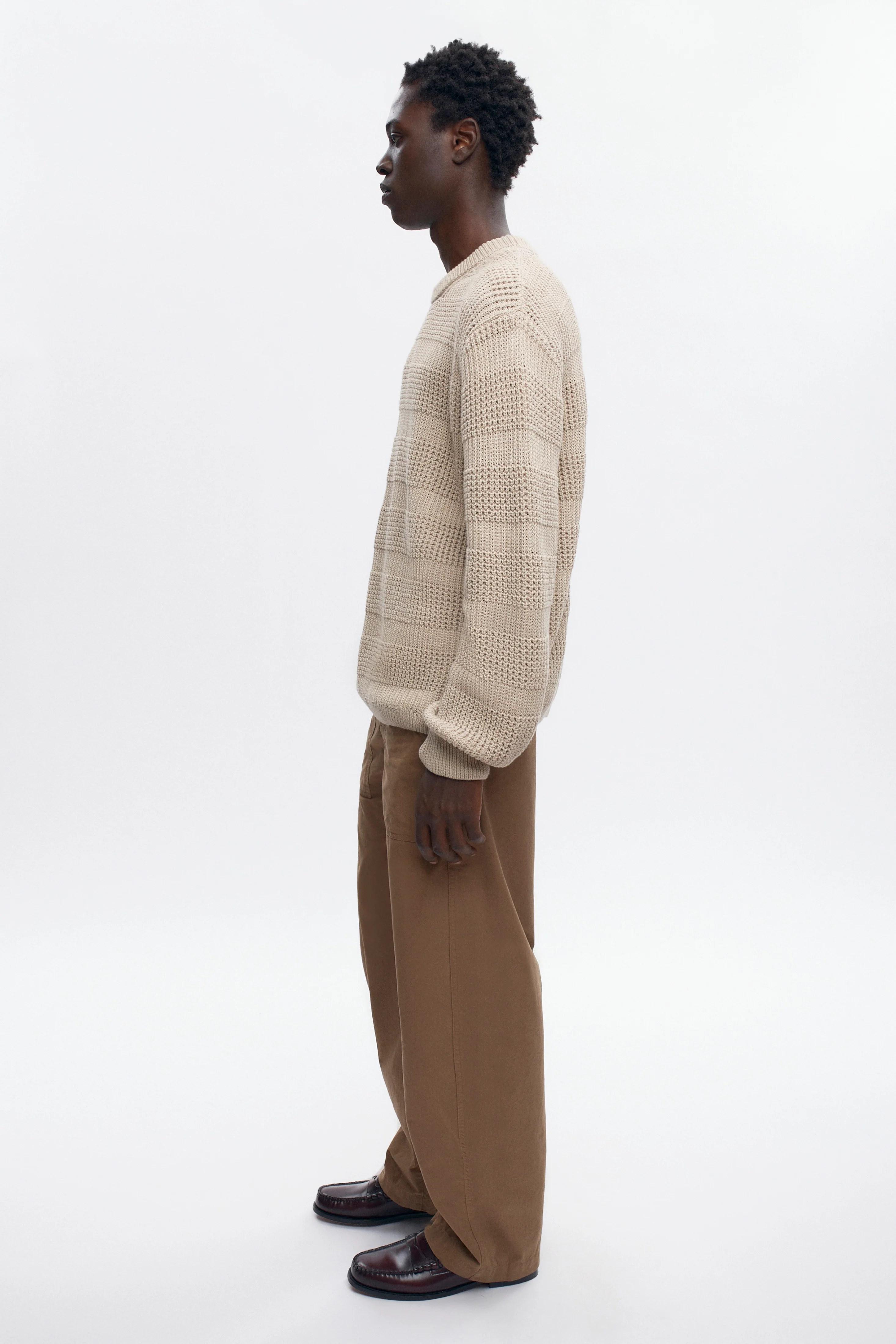 Men's Grid Stitch Crewneck Sweater in Oat Melange - Image 5