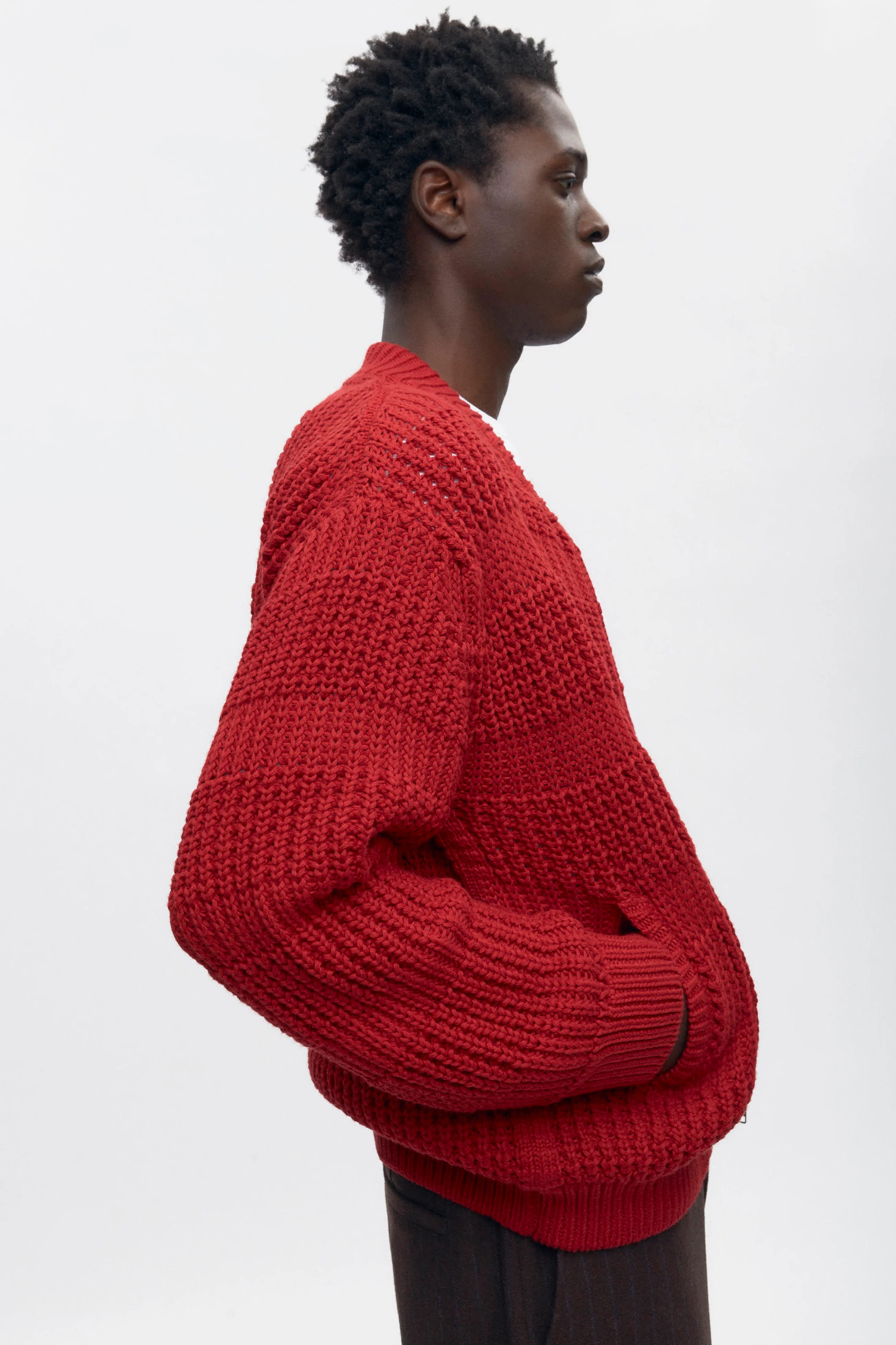 Men's Grid Stitch Zip Sweater in Sunstar Red - Image 4