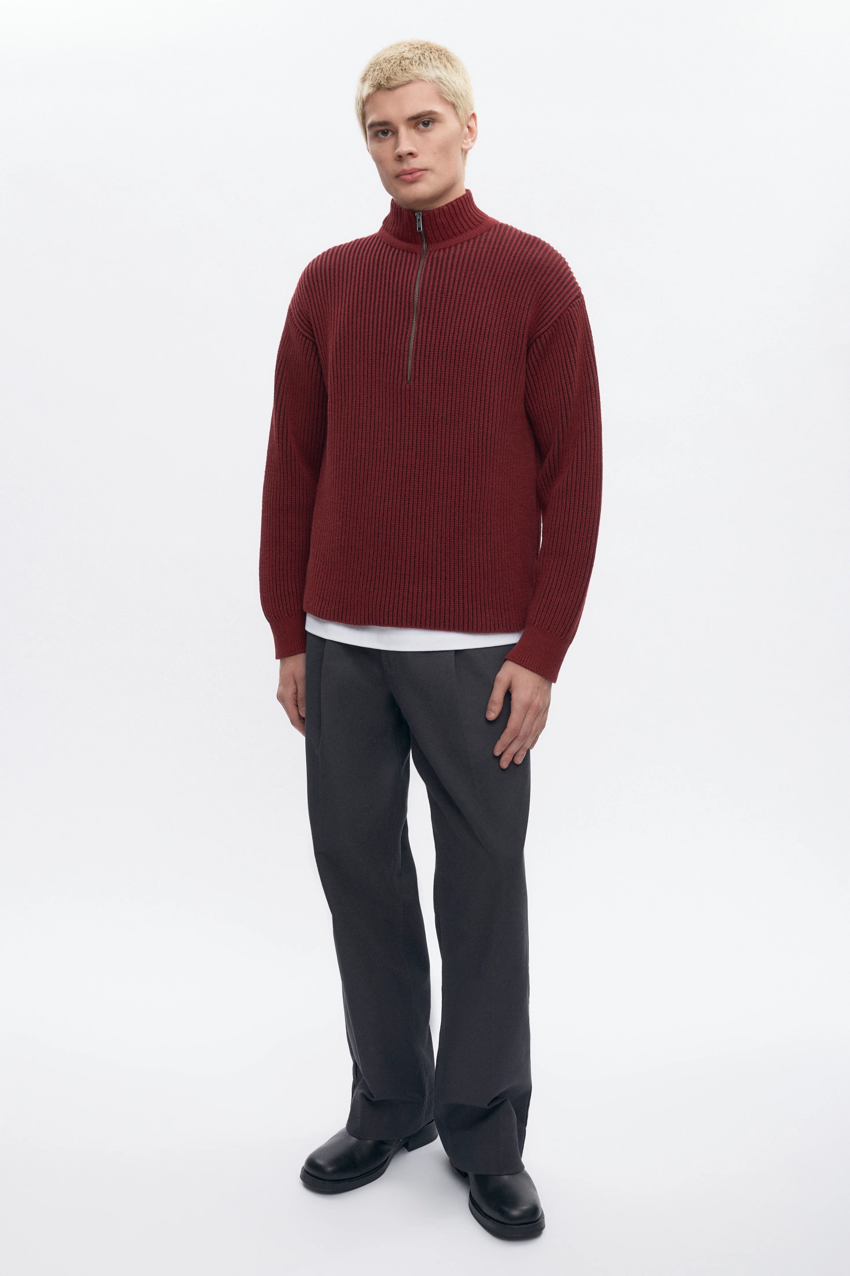 Men's Half Zip Rib Sweater in Coffee Bean/Burgundy - Image 2