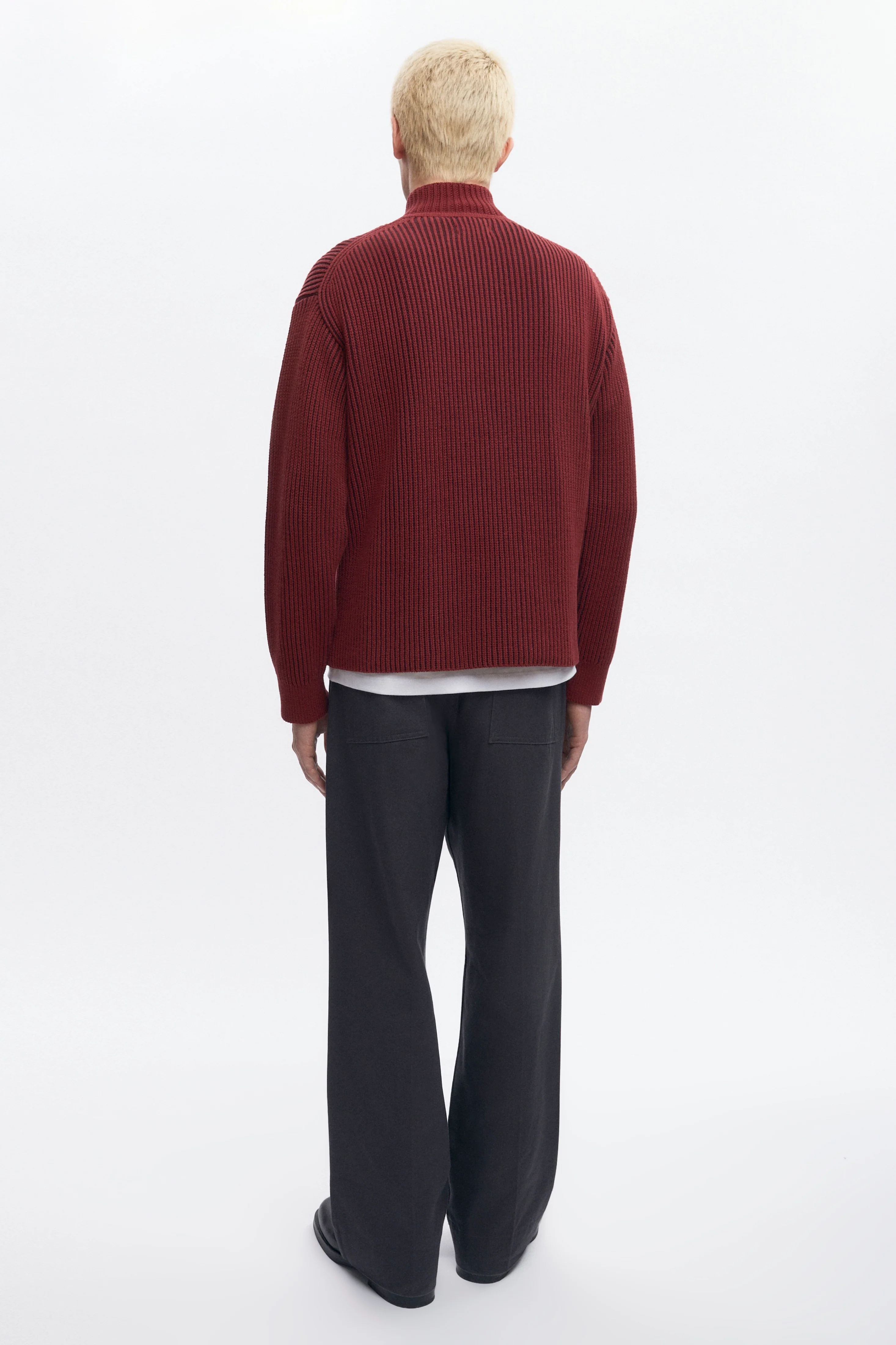 Men's Half Zip Rib Sweater in Coffee Bean/Burgundy - Image 6