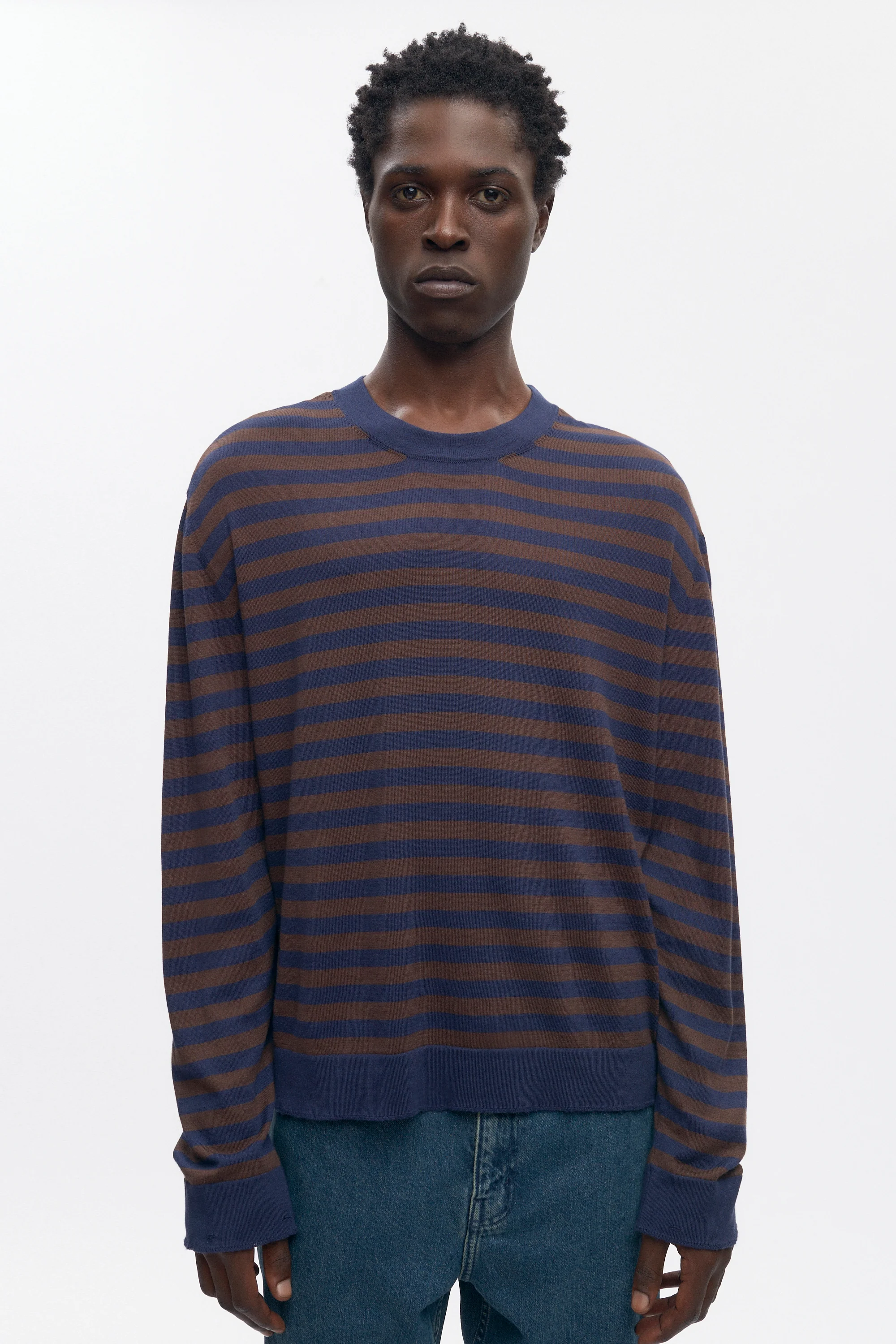 Men's Lightweight Crewneck Sweater in Coffee Bean/Midnight Stripe