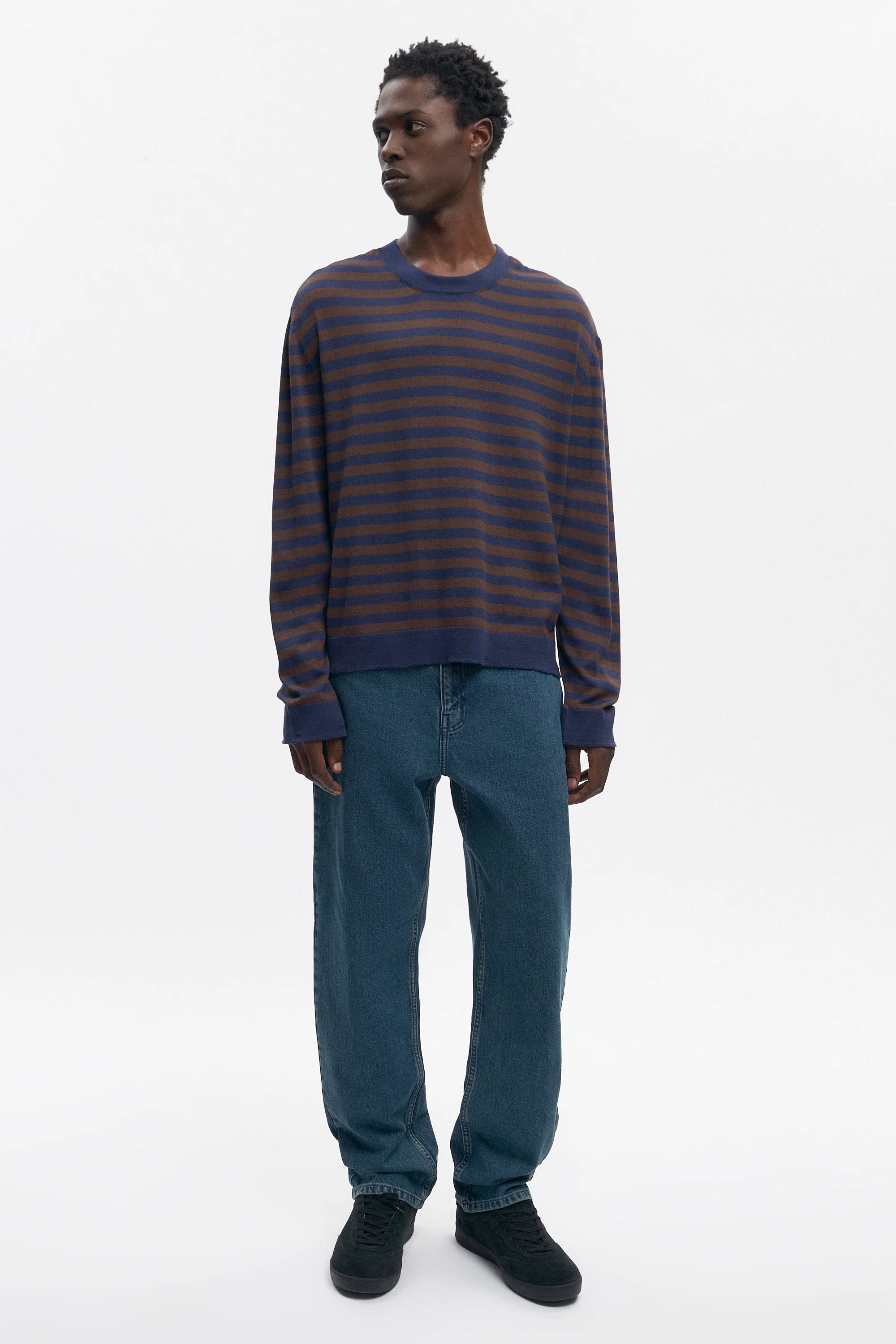 Men's Lightweight Crewneck Sweater in Coffee Bean/Midnight Stripe - Image 2