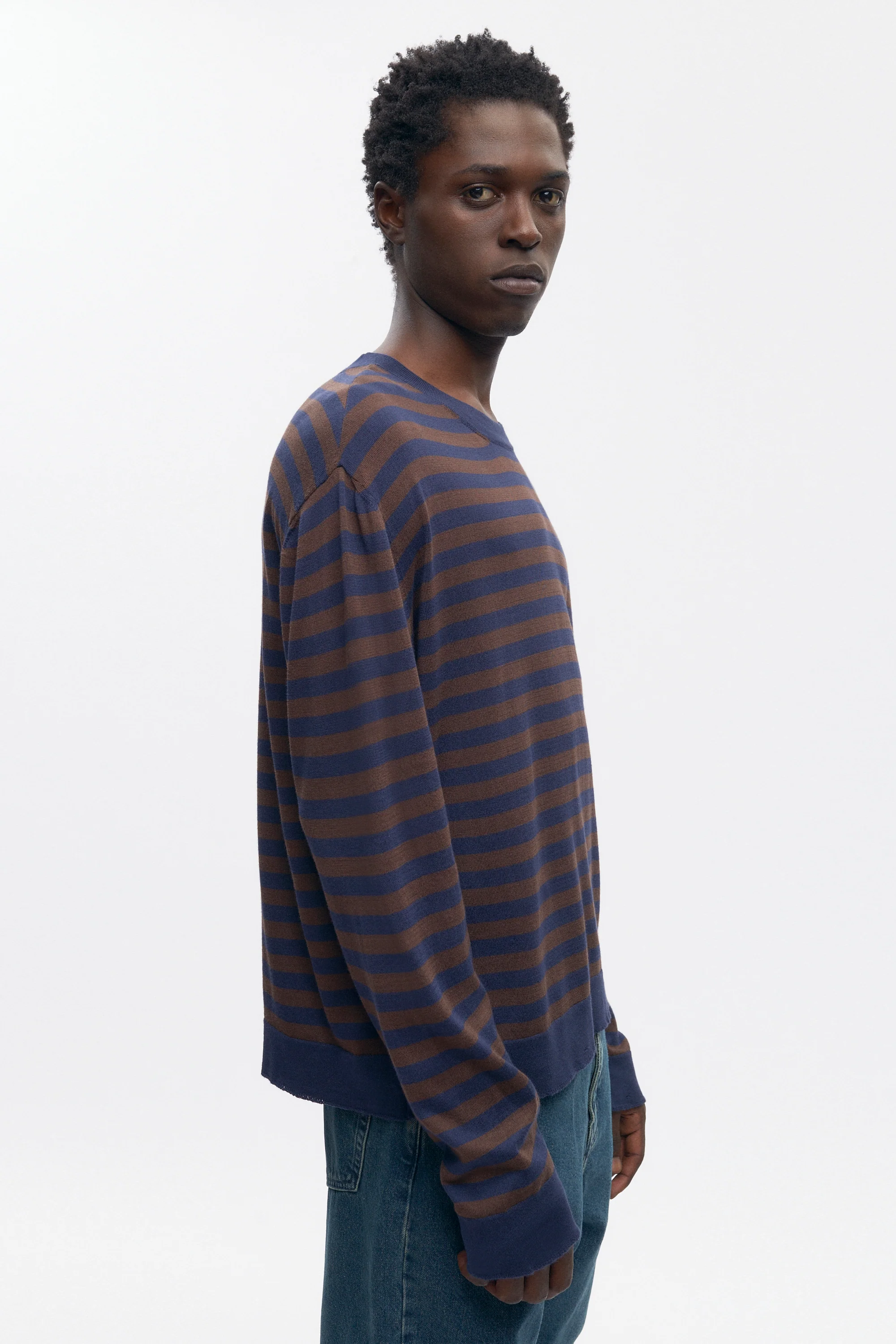Men's Lightweight Crewneck Sweater in Coffee Bean/Midnight Stripe - Image 3