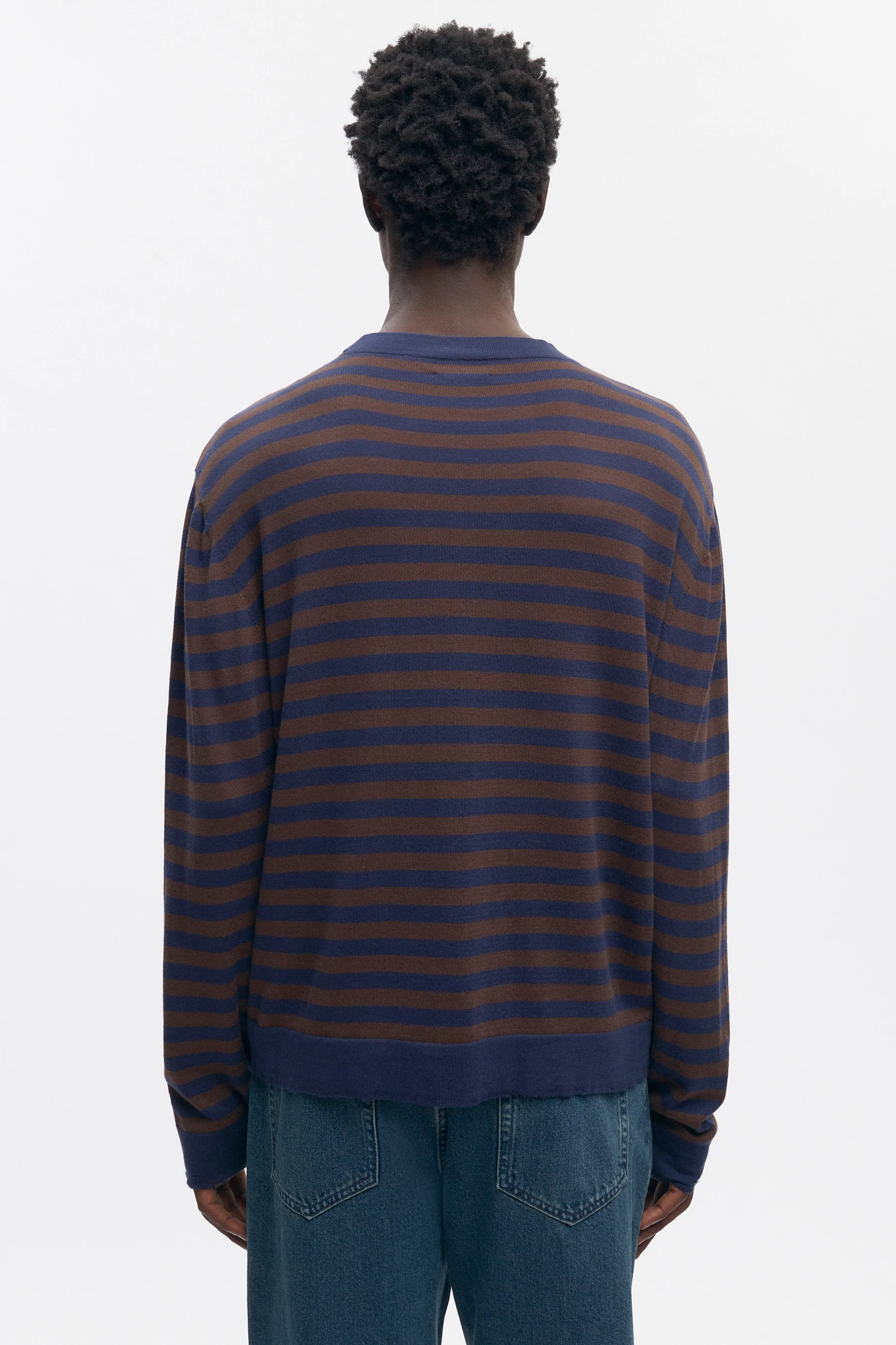 Men's Lightweight Crewneck Sweater in Coffee Bean/Midnight Stripe - Image 4