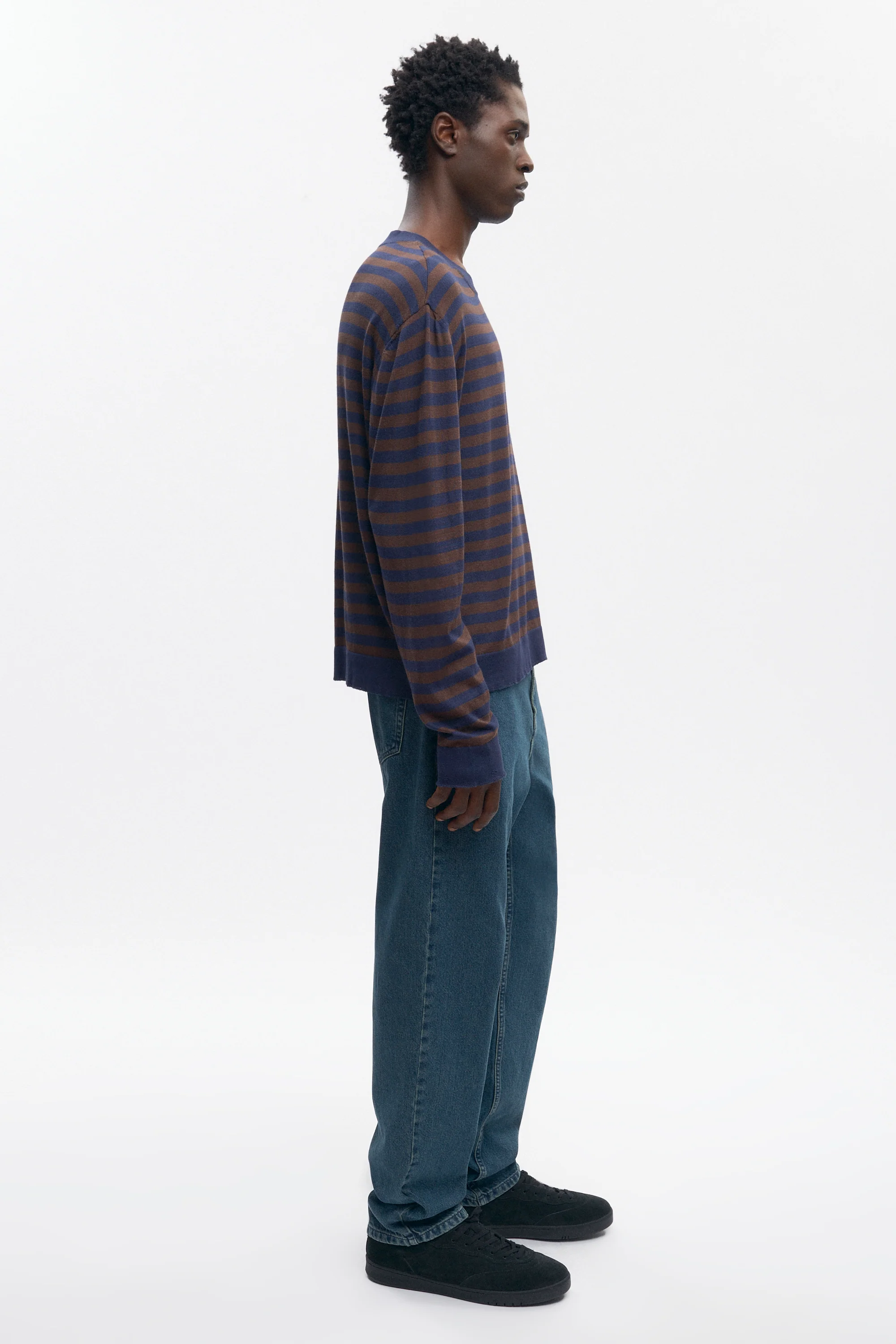 Men's Lightweight Crewneck Sweater in Coffee Bean/Midnight Stripe - Image 6