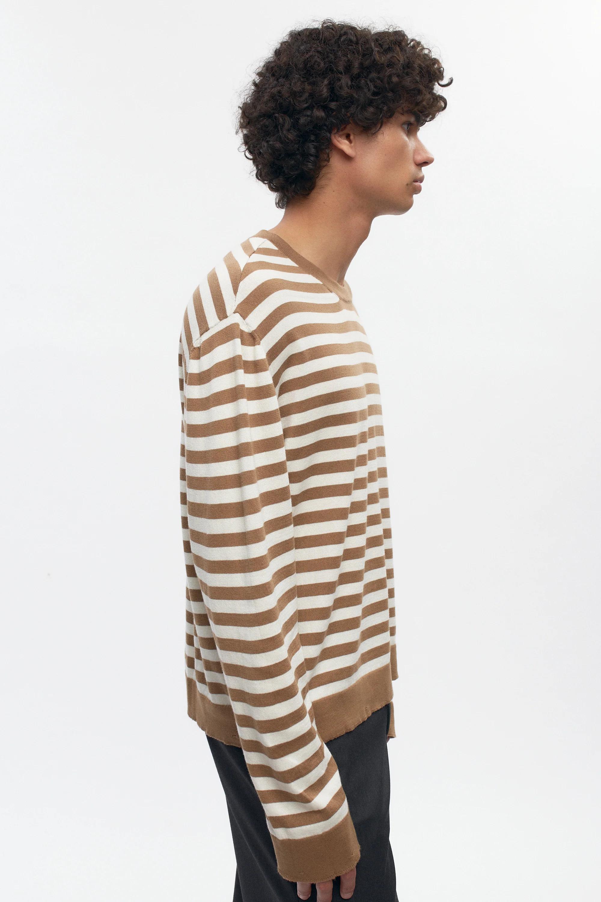 Men's Lightweight Crewneck Sweater in Otter/Marshmallow Stripe - Image 4