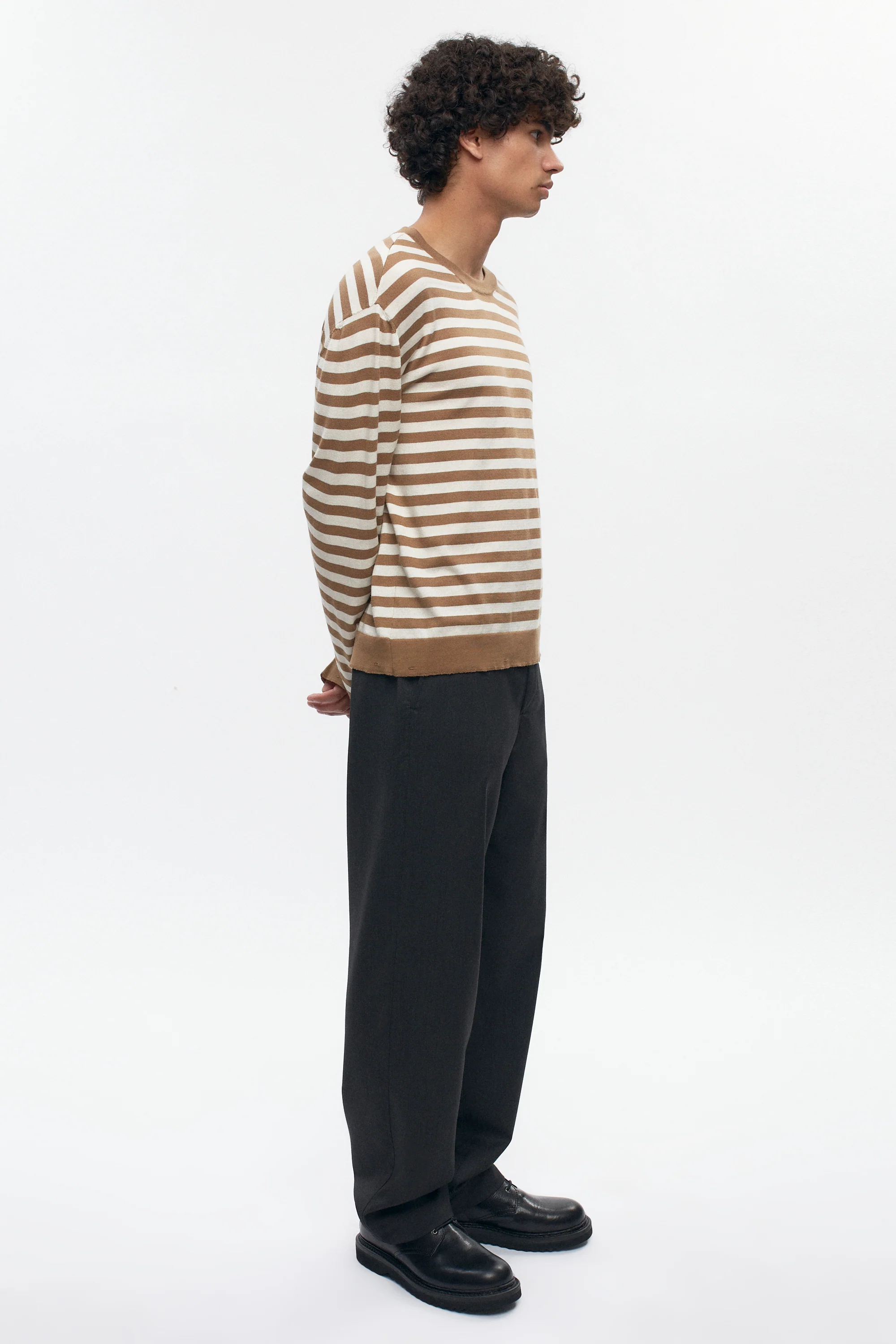 Men's Lightweight Crewneck Sweater in Otter/Marshmallow Stripe - Image 6