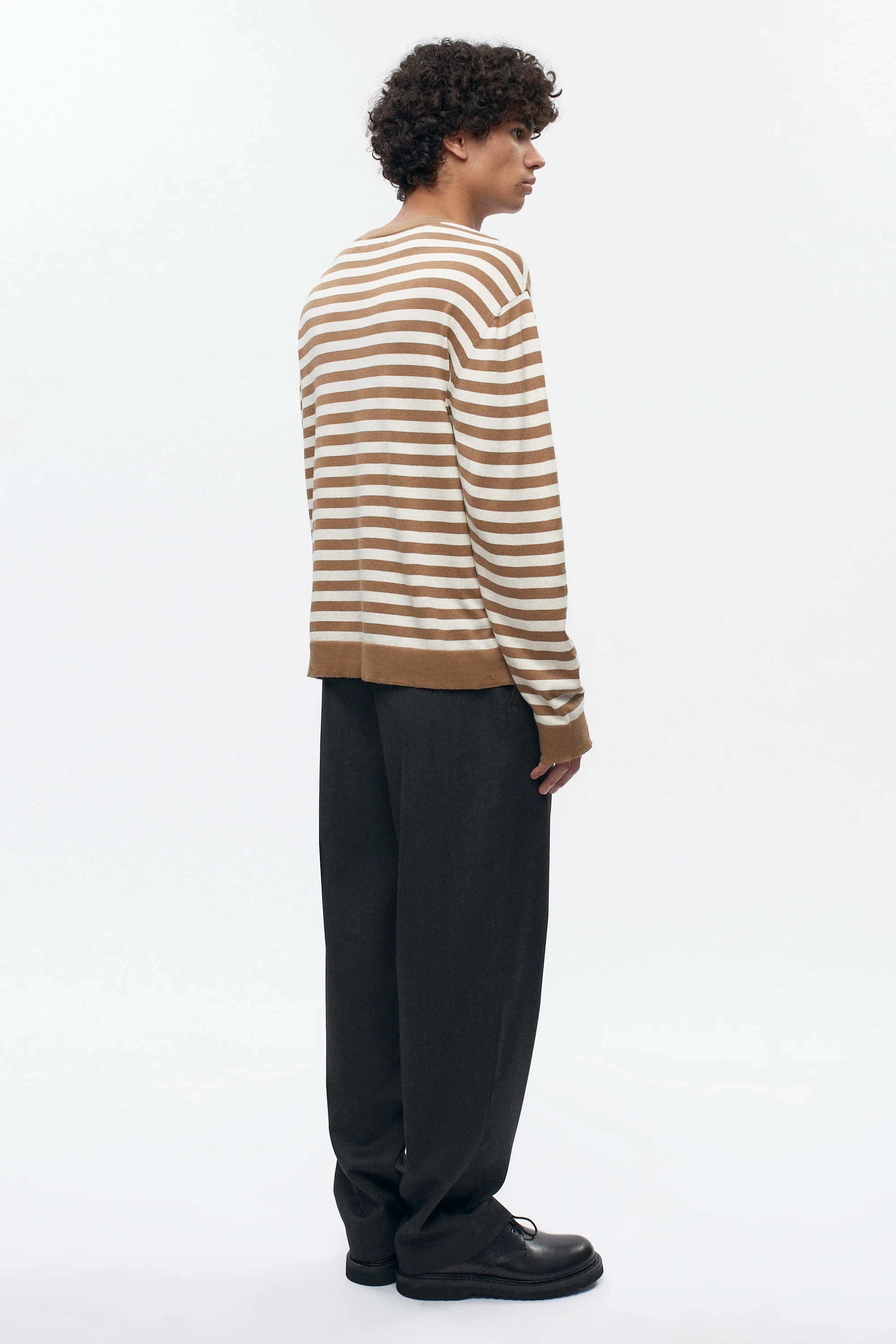 Men's Lightweight Crewneck Sweater in Otter/Marshmallow Stripe - Image 7