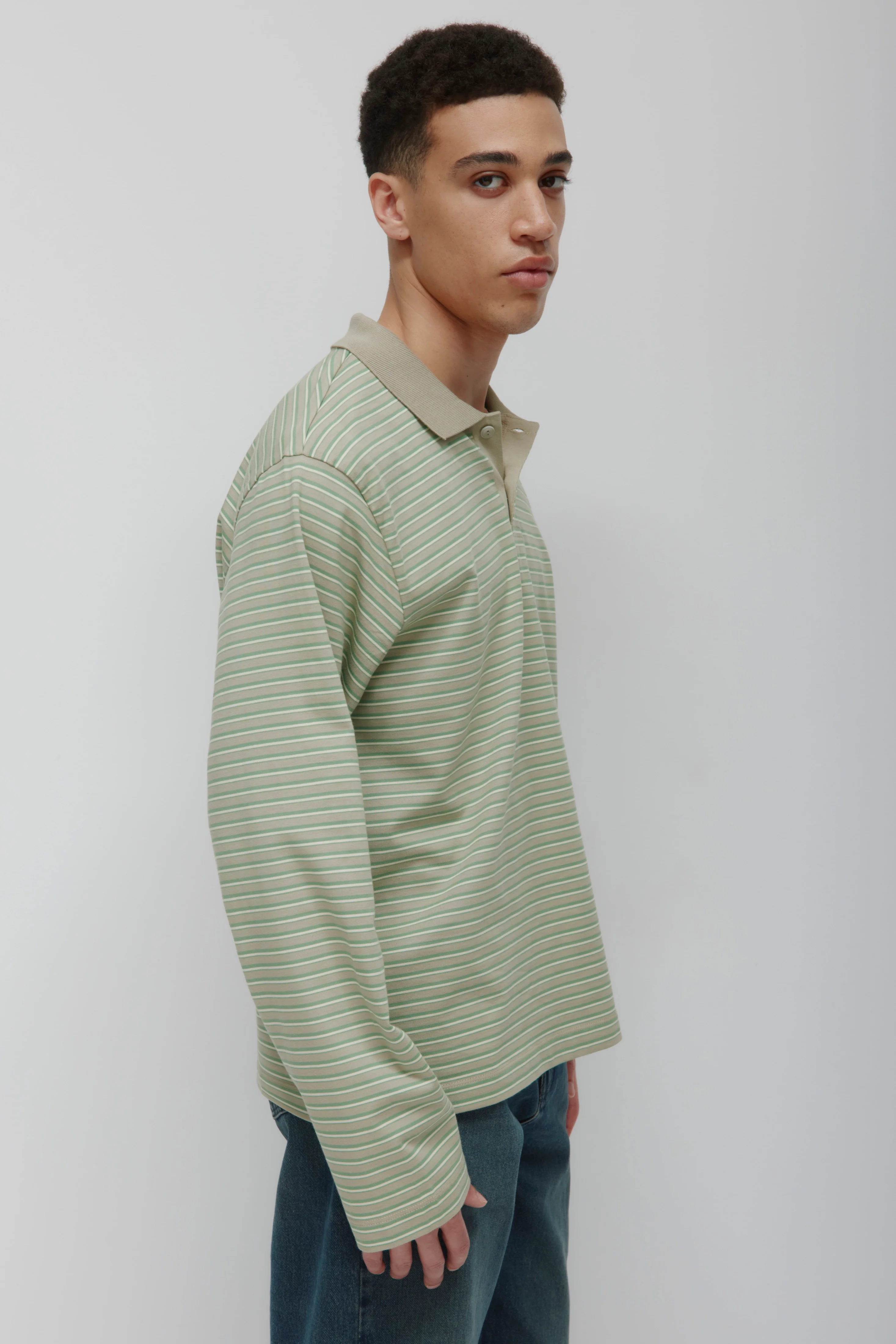 Men's Midweight Longsleeve Polo in Dune Grass/Retro Green/Natural Stripe - Image 3