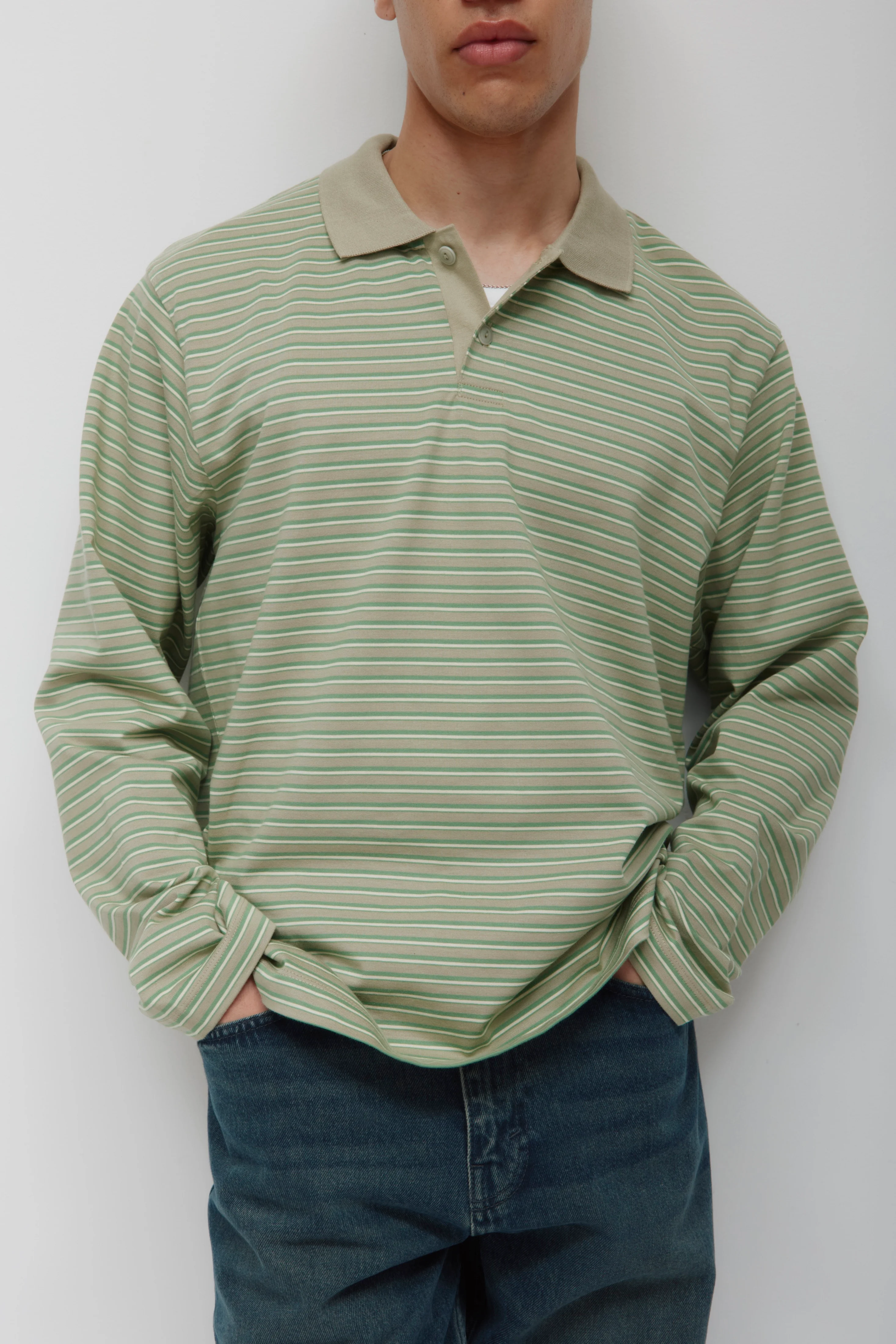 Men's Midweight Longsleeve Polo in Dune Grass/Retro Green/Natural Stripe - Image 5