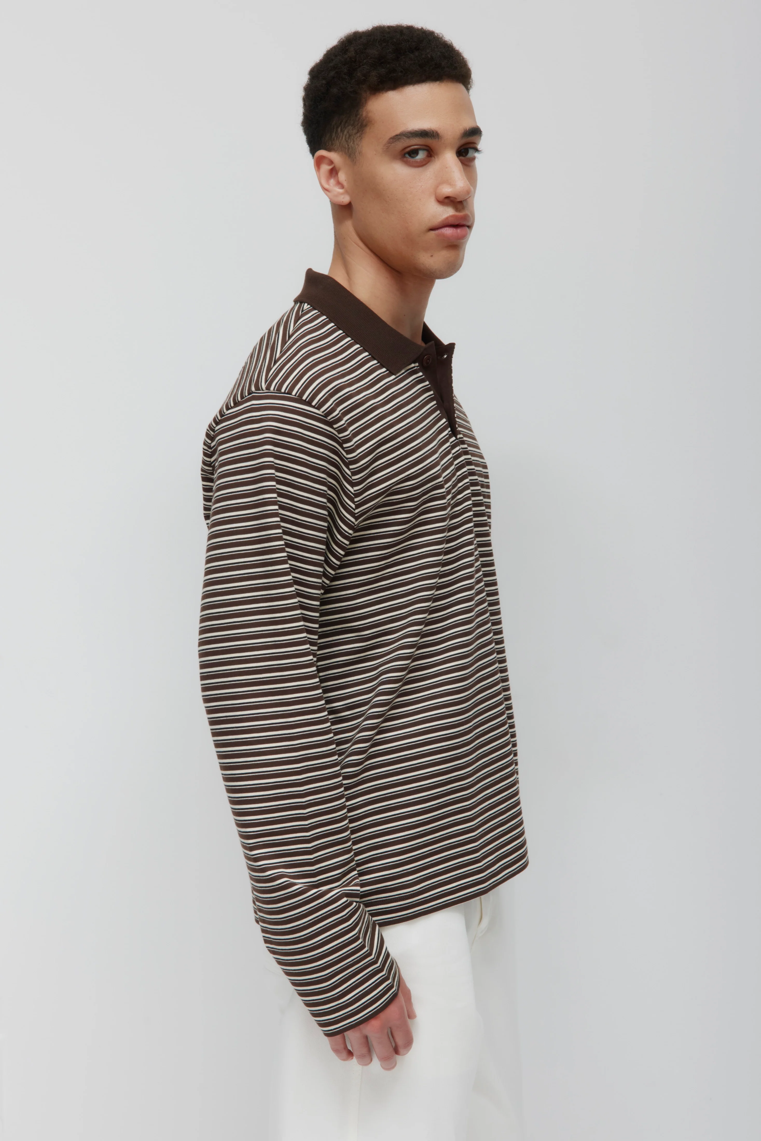 Men's Midweight Longsleeve Polo in Espresso/Marshmallow/Black Stripe - Image 3