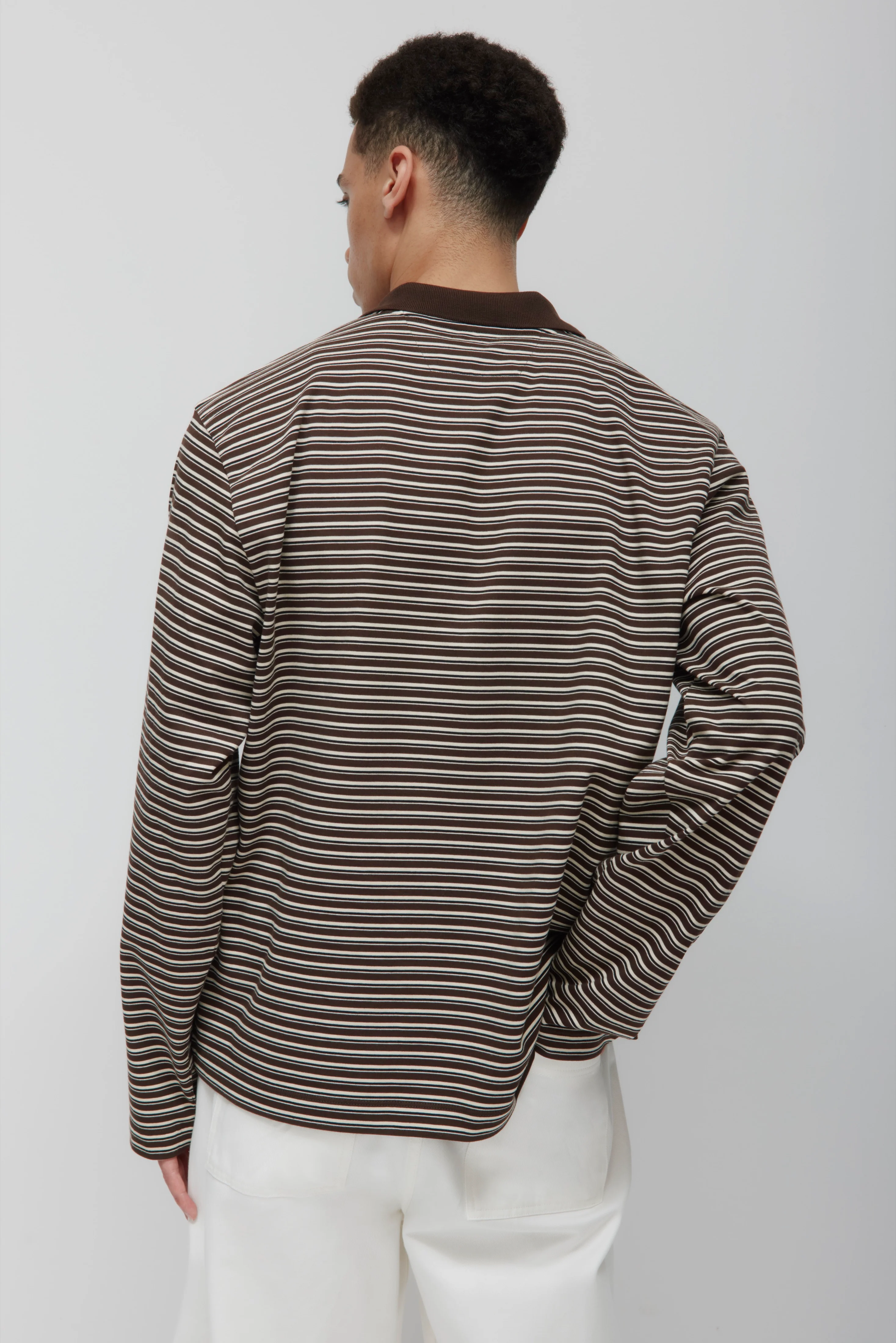 Men's Midweight Longsleeve Polo in Espresso/Marshmallow/Black Stripe - Image 4