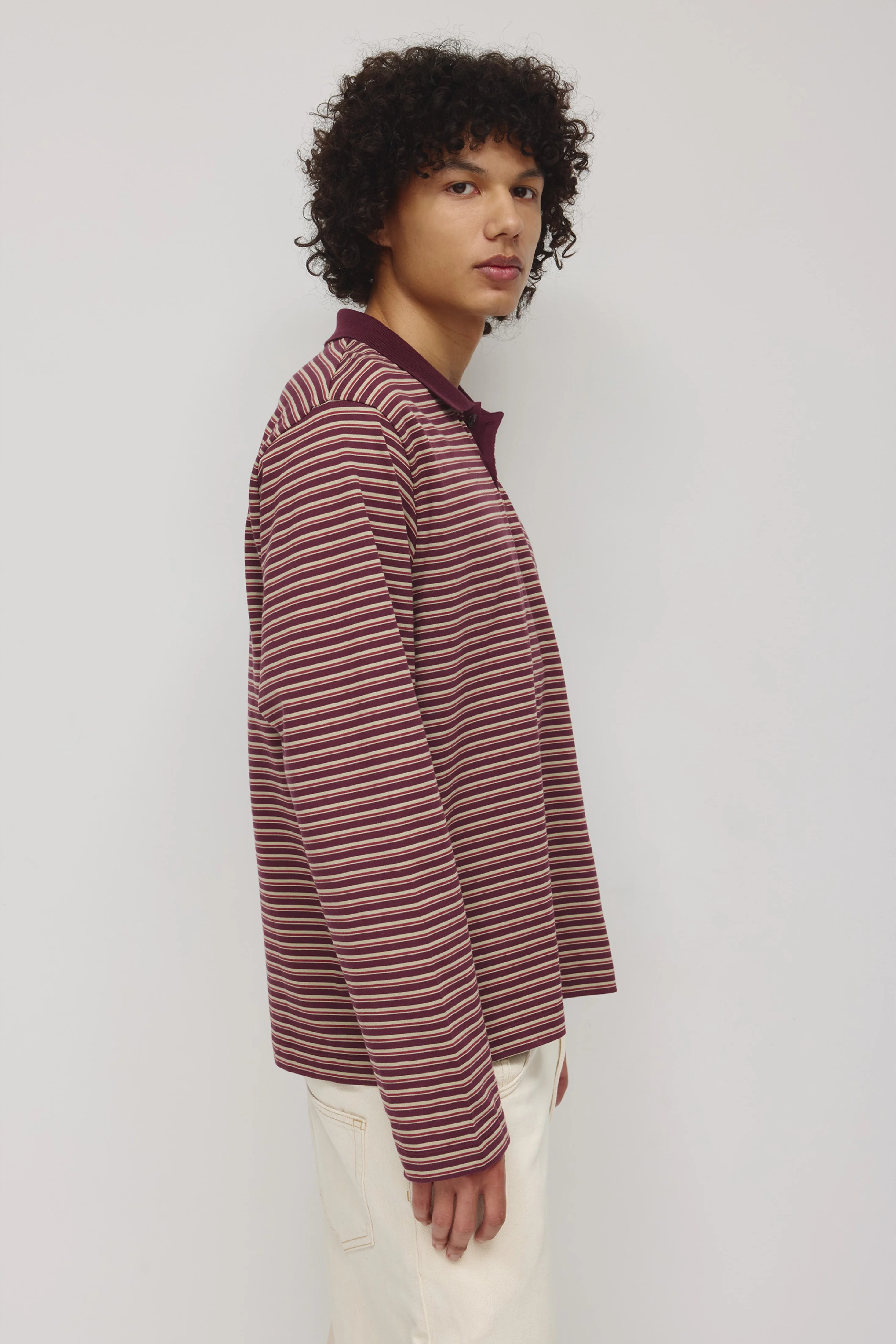 Men's Midweight Longsleeve Polo in Plum/Dune Grass/Yakimo Stripe - Image 3