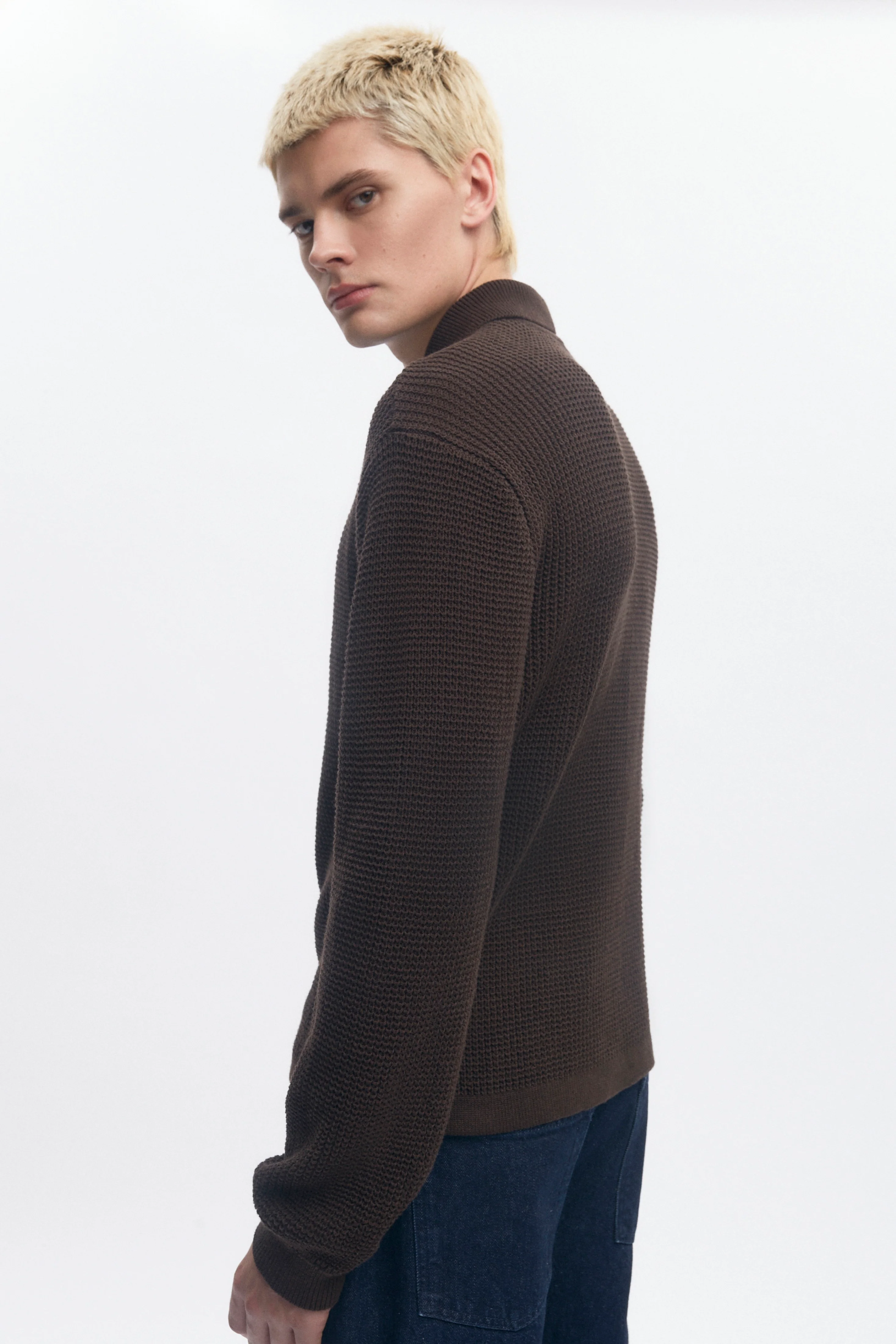 Men's Open Knit Shirt in Coffee Bean Melange - Image 4