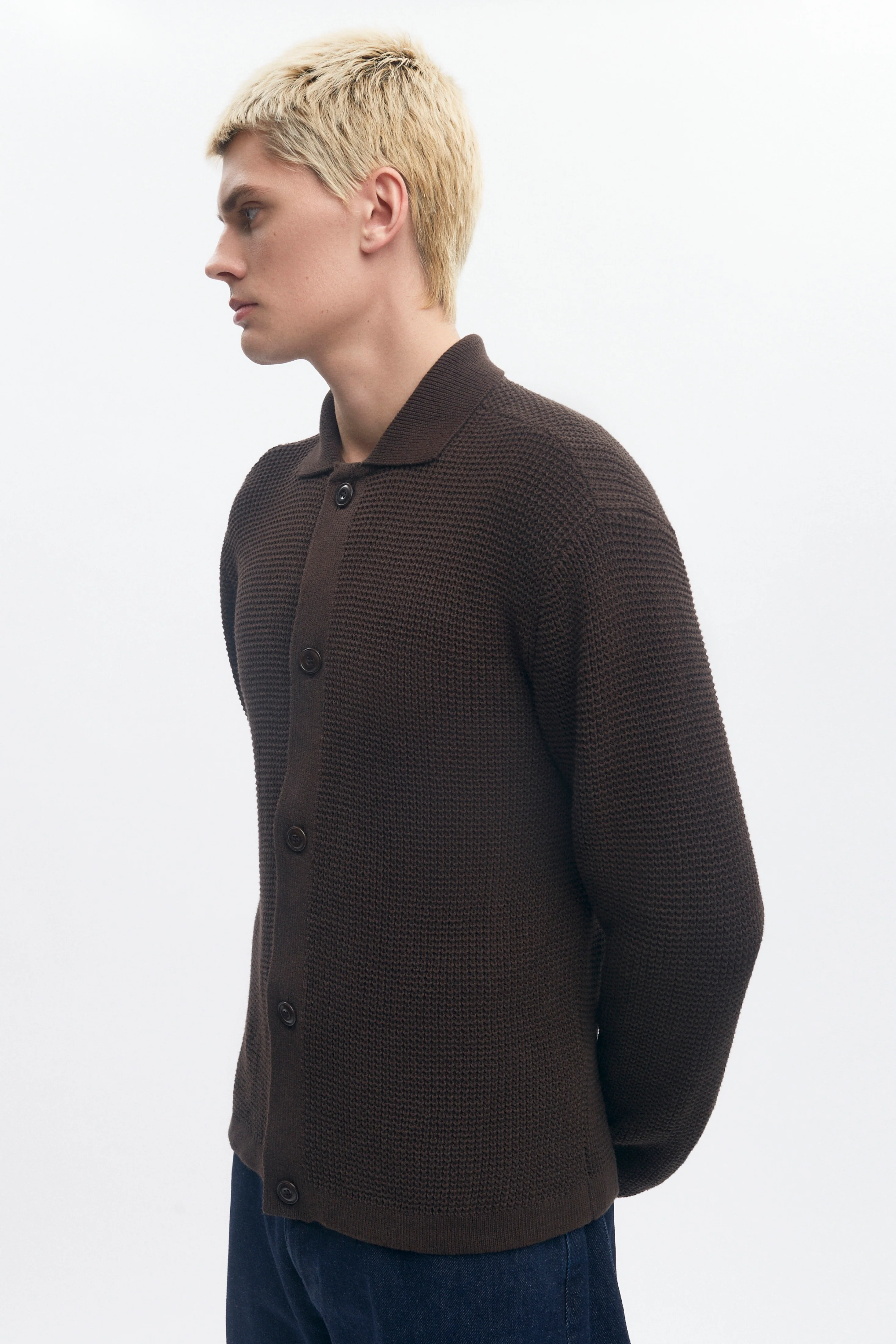 Men's Open Knit Shirt in Coffee Bean Melange - Image 5