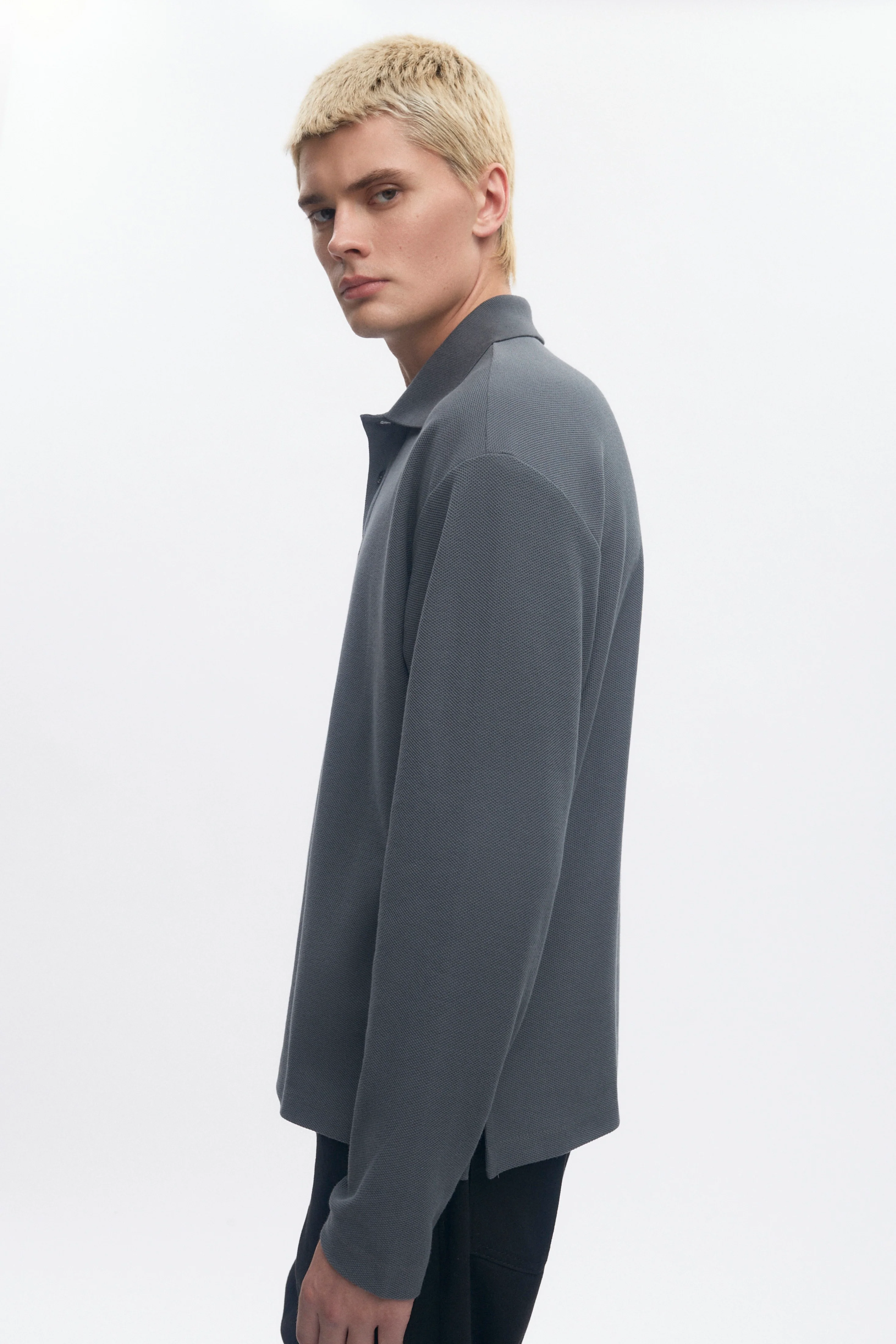 Men's Pique Longsleeve Polo in Steel - Image 3