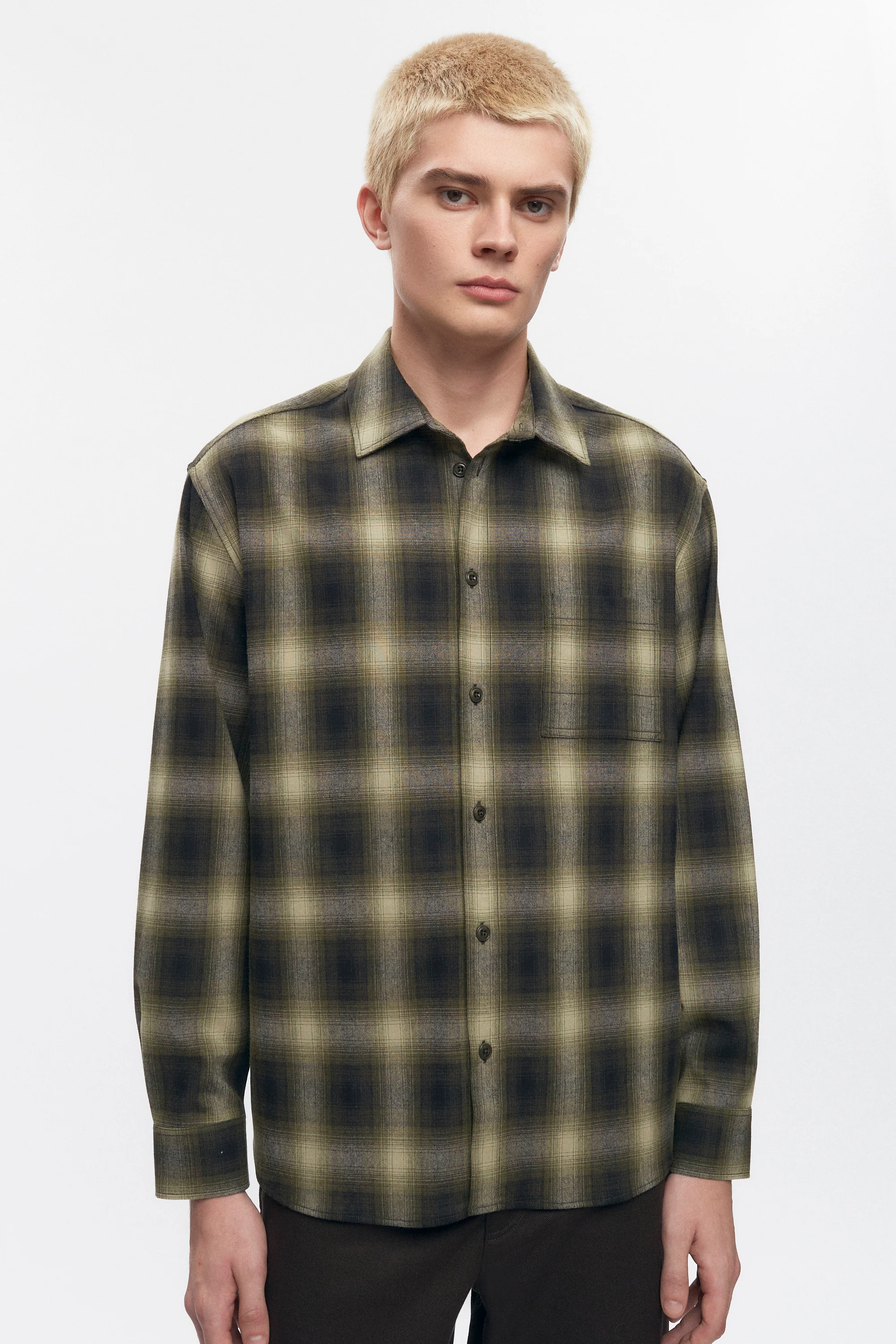 Men's Wool Flannel Shirt in Olive Plaid