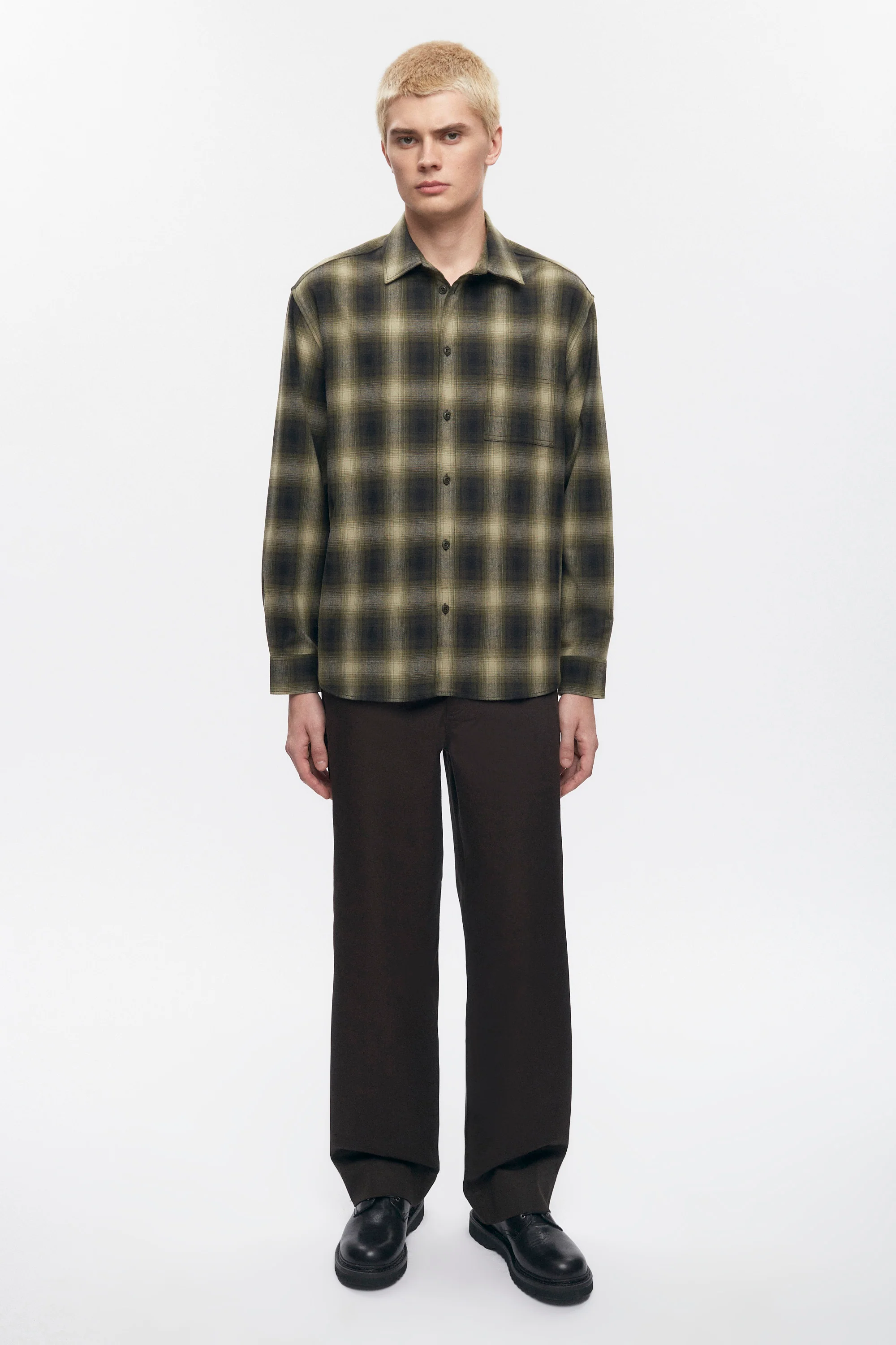 Men's Wool Flannel Shirt in Olive Plaid - Image 2
