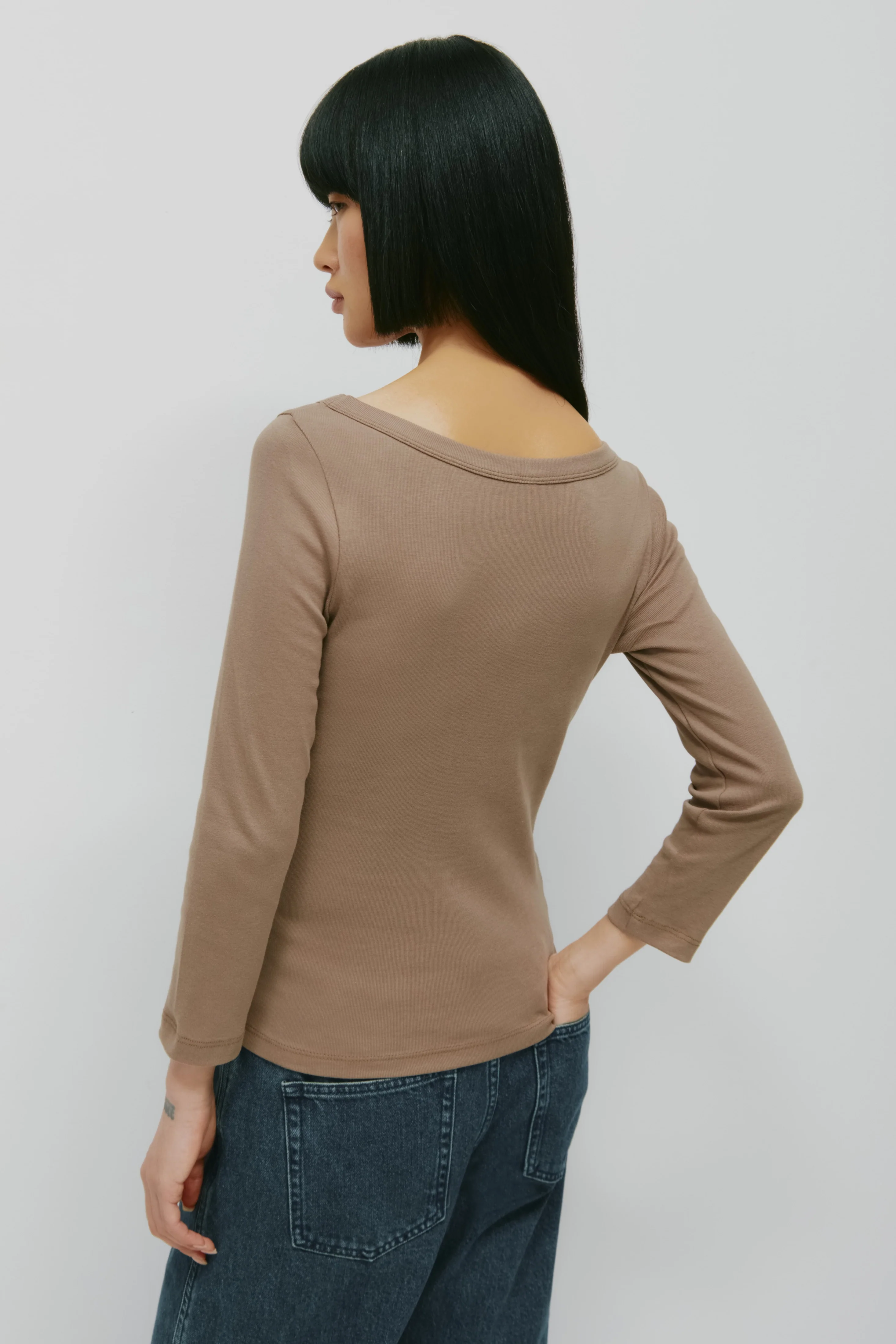Women's Boatneck 3/4 Sleeve Top in Taupe - Image 3