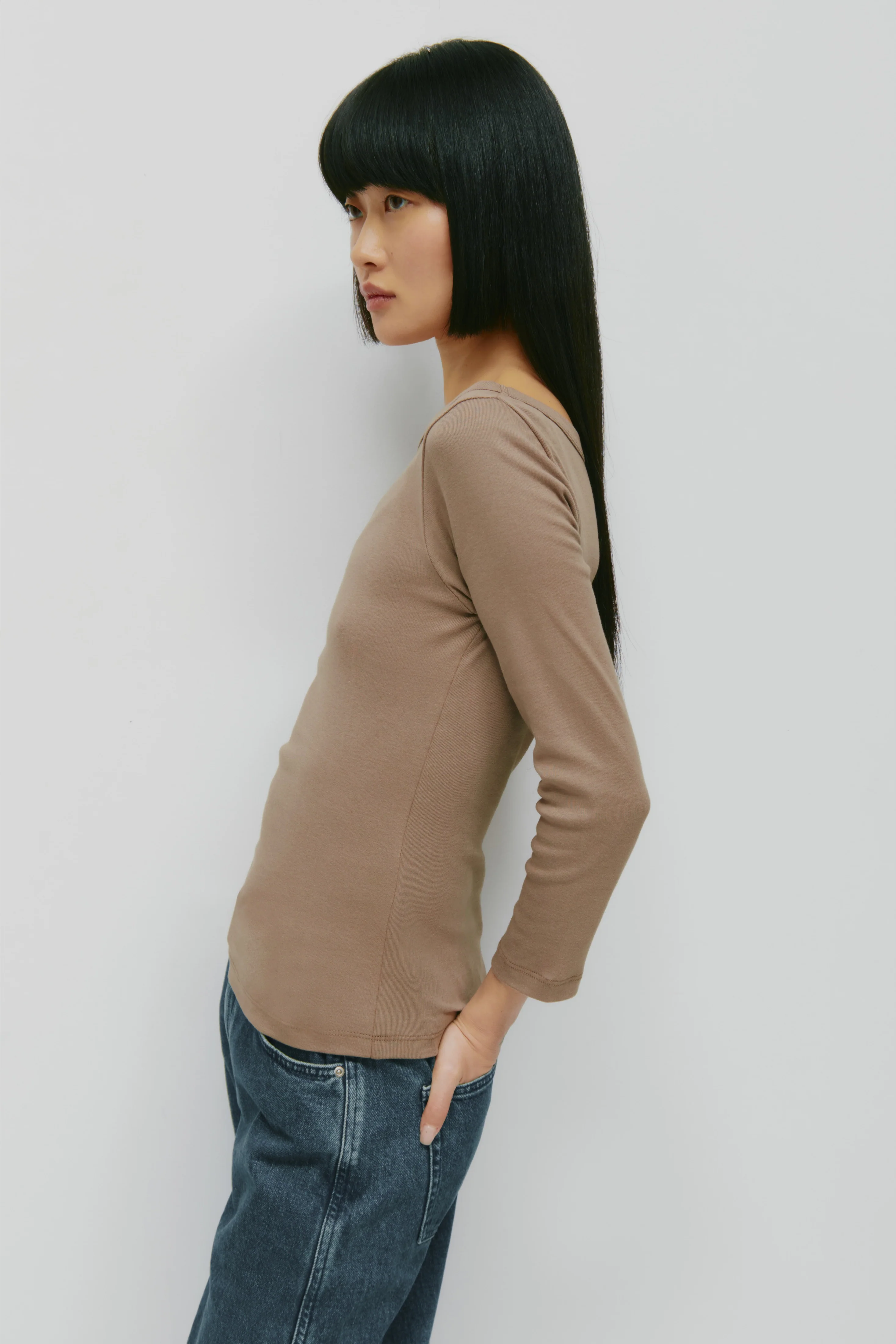 Women's Boatneck 3/4 Sleeve Top in Taupe - Image 4