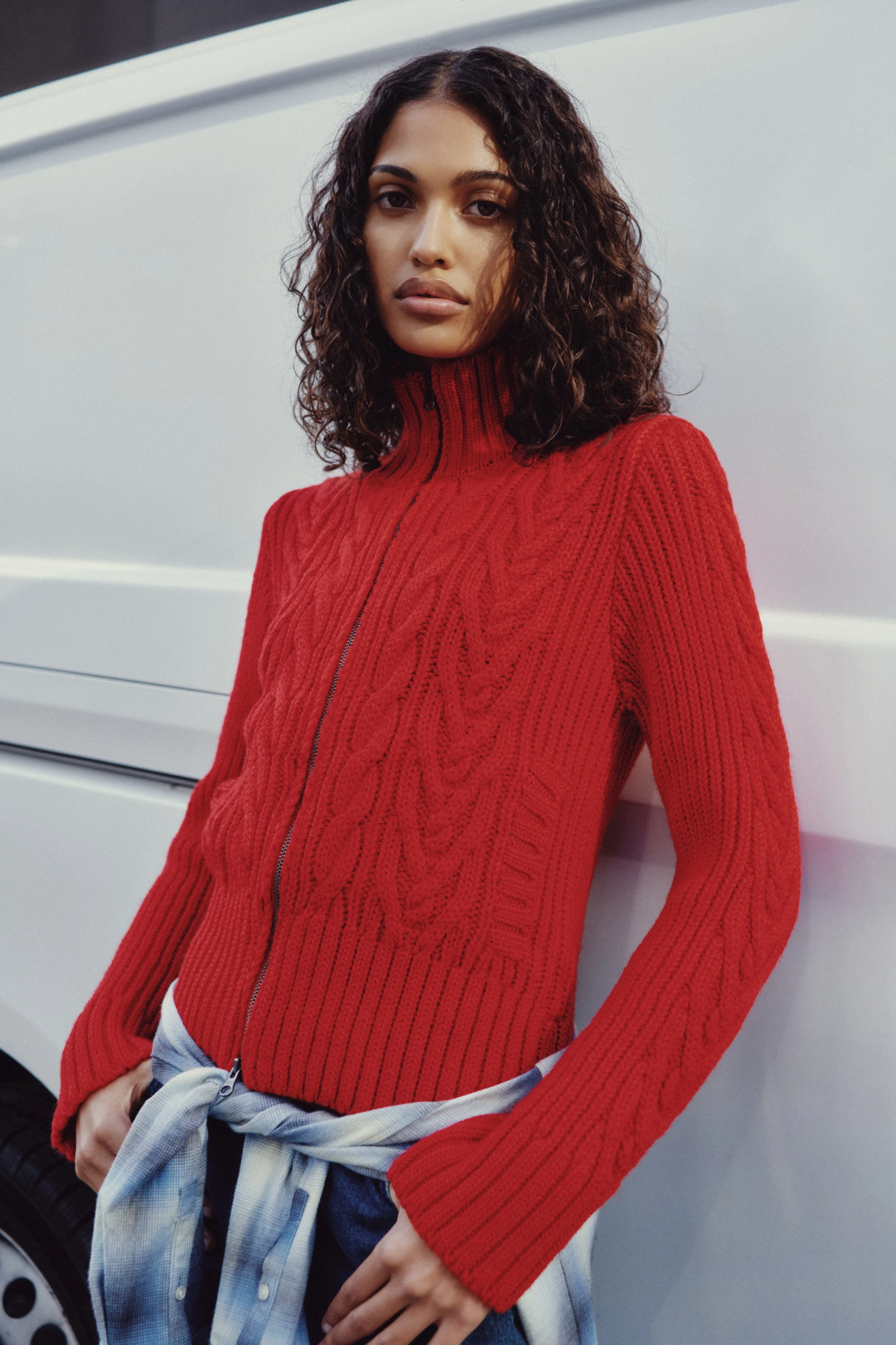 Women's Cable Zip Sweater in Fiery Red - Image 2