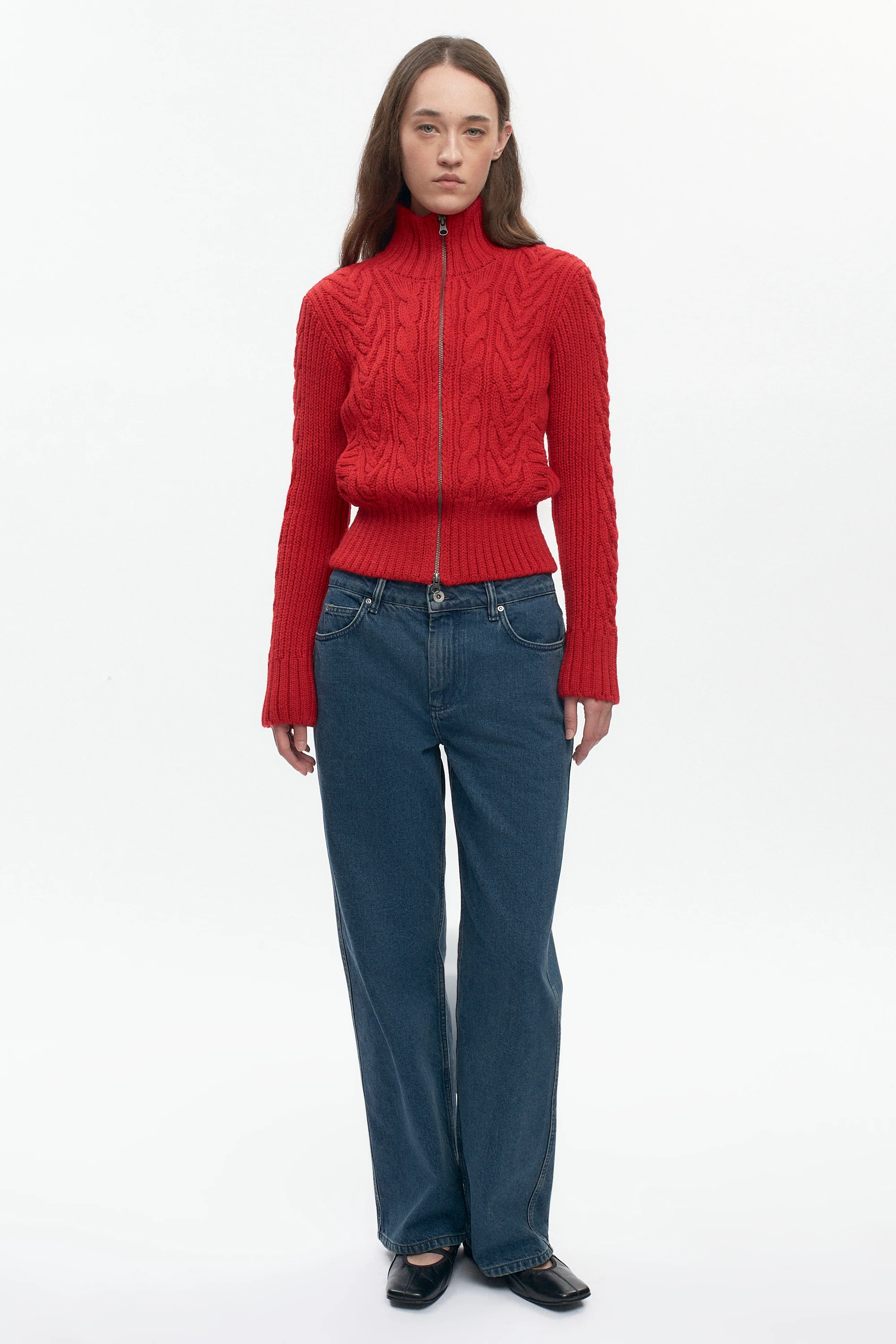 Women's Cable Zip Sweater in Fiery Red - Image 3