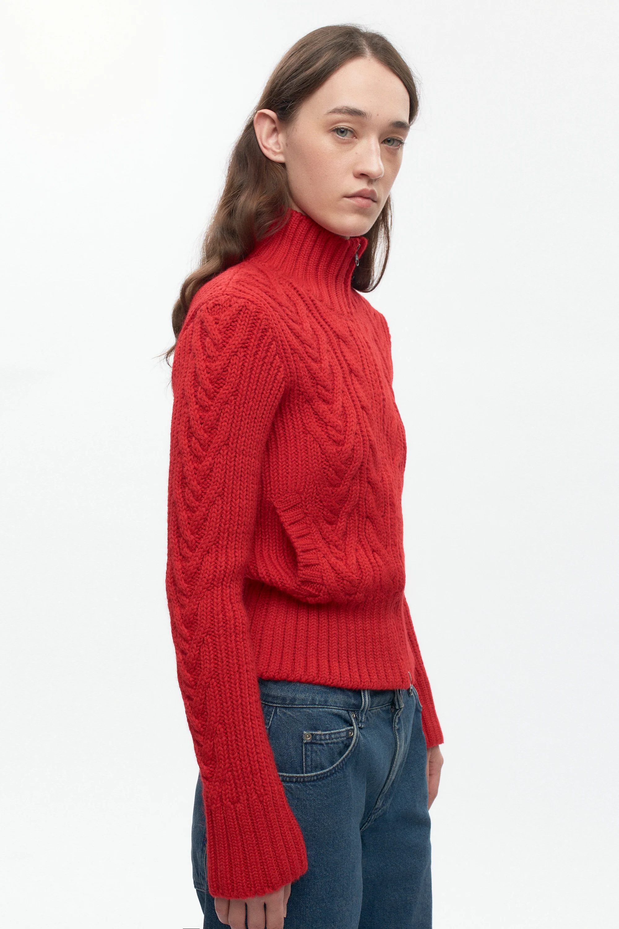 Women's Cable Zip Sweater in Fiery Red - Image 4