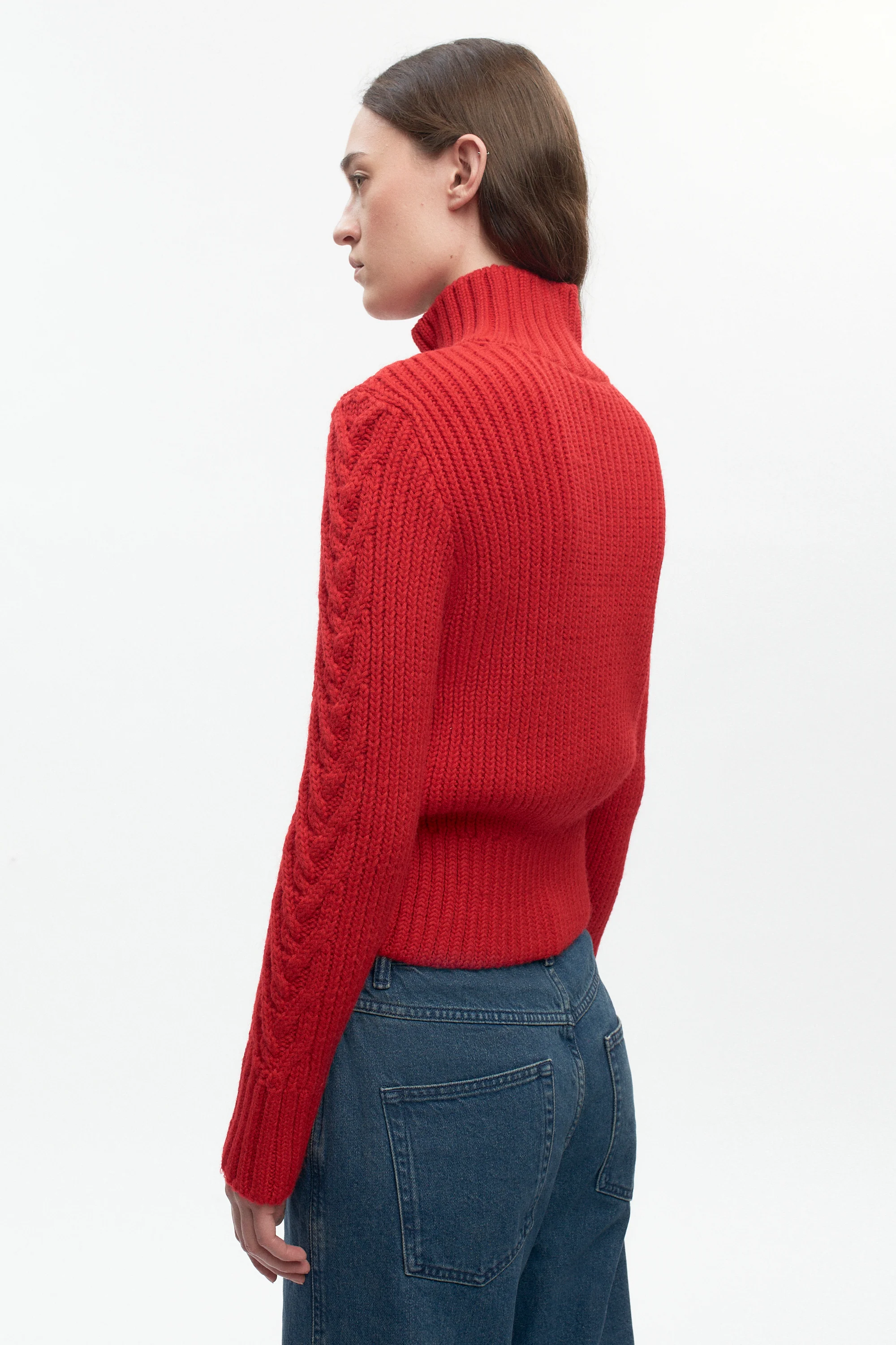 Women's Cable Zip Sweater in Fiery Red - Image 5