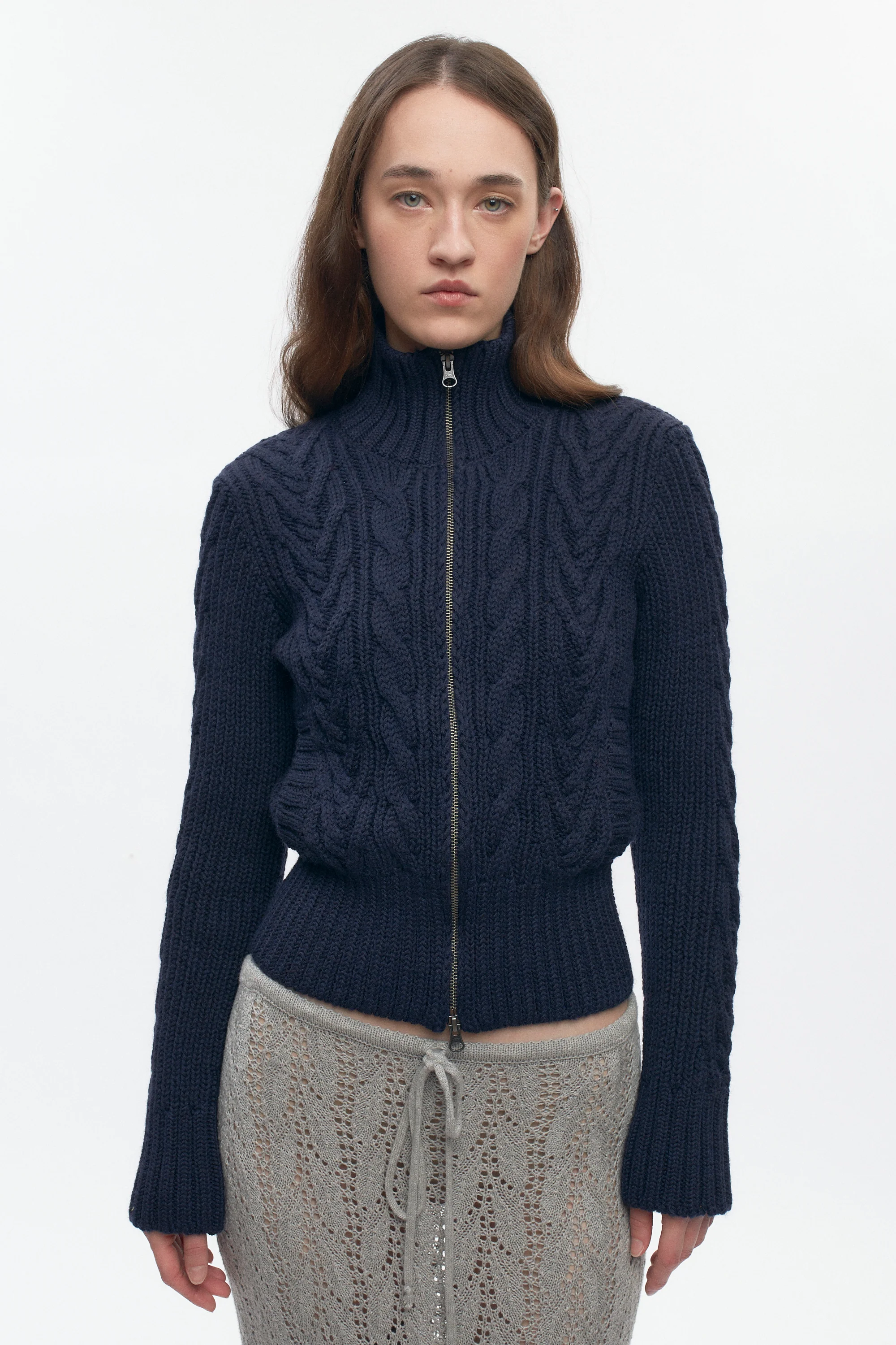 Women's Cable Zip Sweater in Midnight