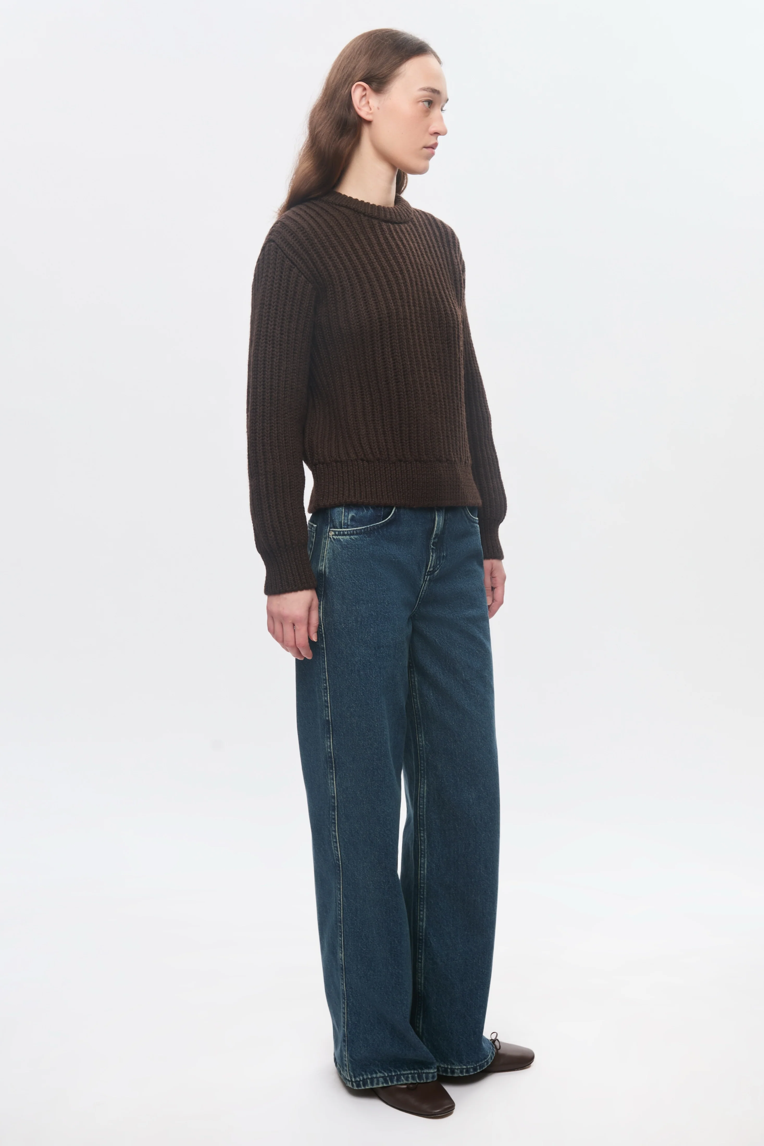 Women's Chunky Wool Crewneck Sweater in Coffee Bean - Image 5