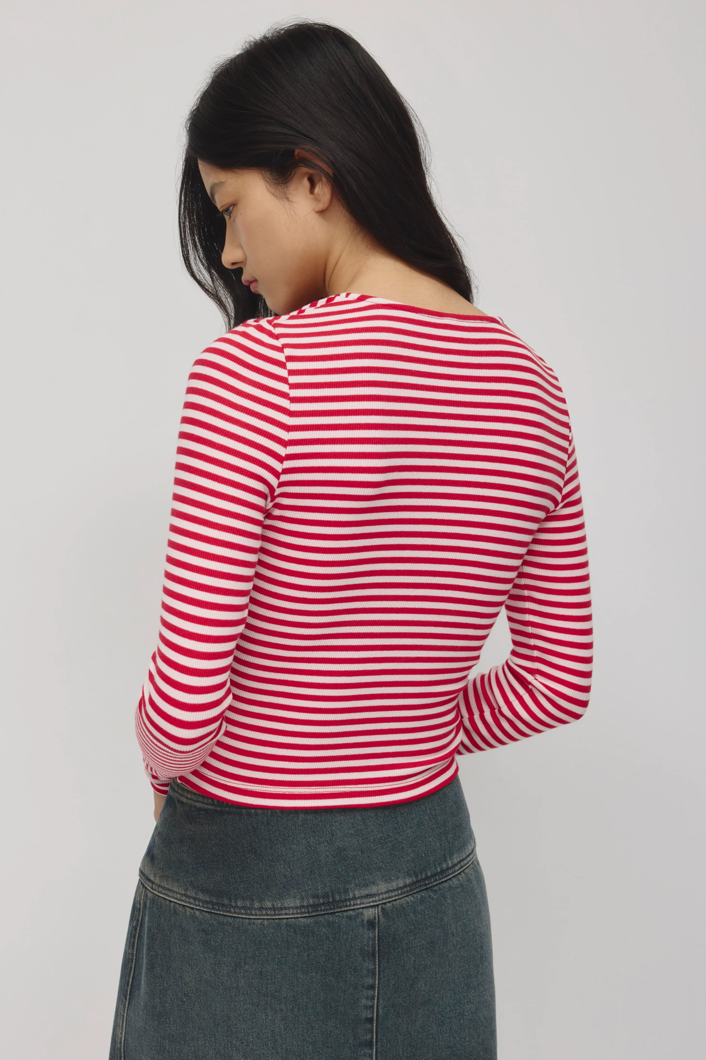 Women's Crew Neck Cardigan in Pink Frost/Salsa Stripe - Image 5