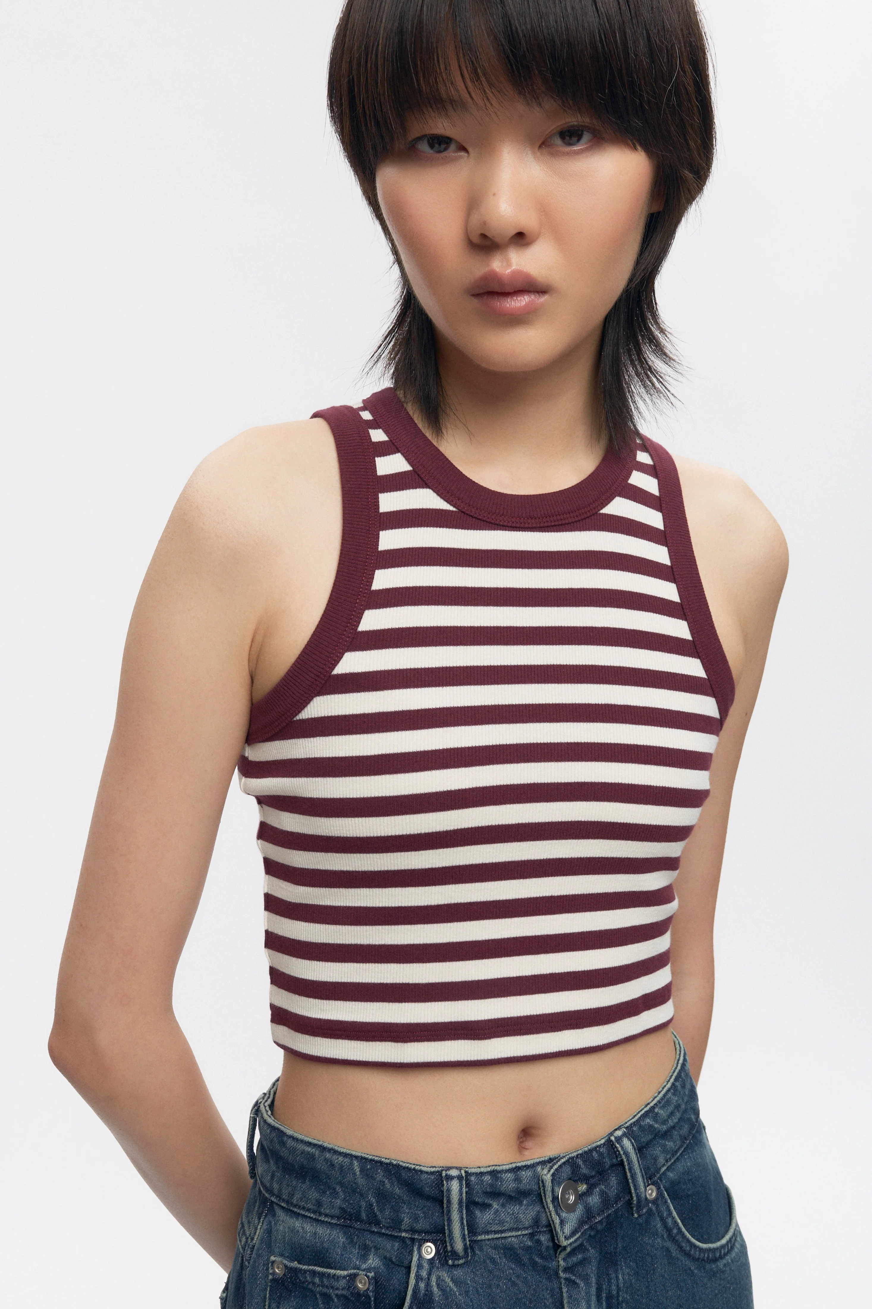 Women's Crop Racer Tank in Plum/Marshmallow Stripe