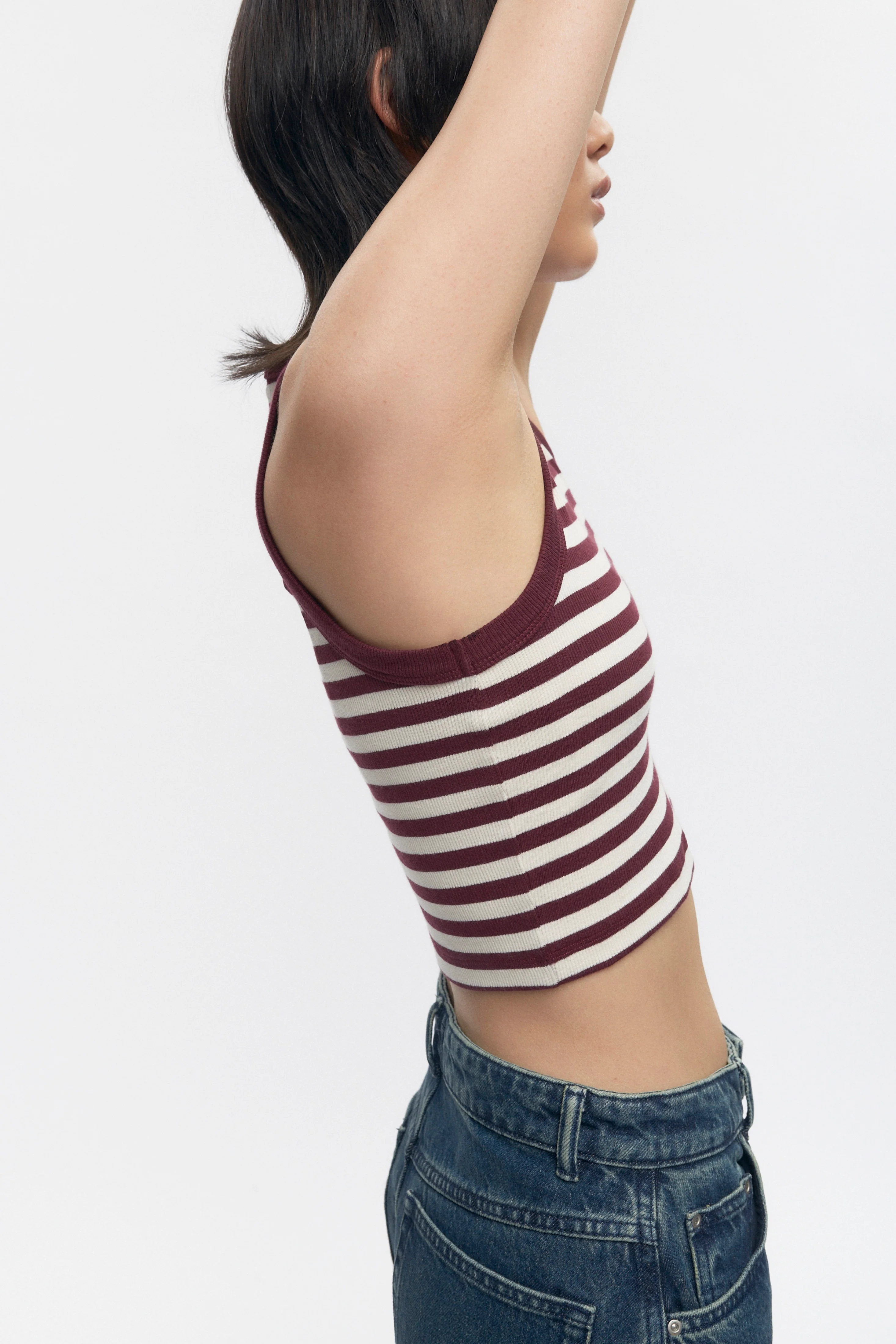 Women's Crop Racer Tank in Plum/Marshmallow Stripe - Image 4