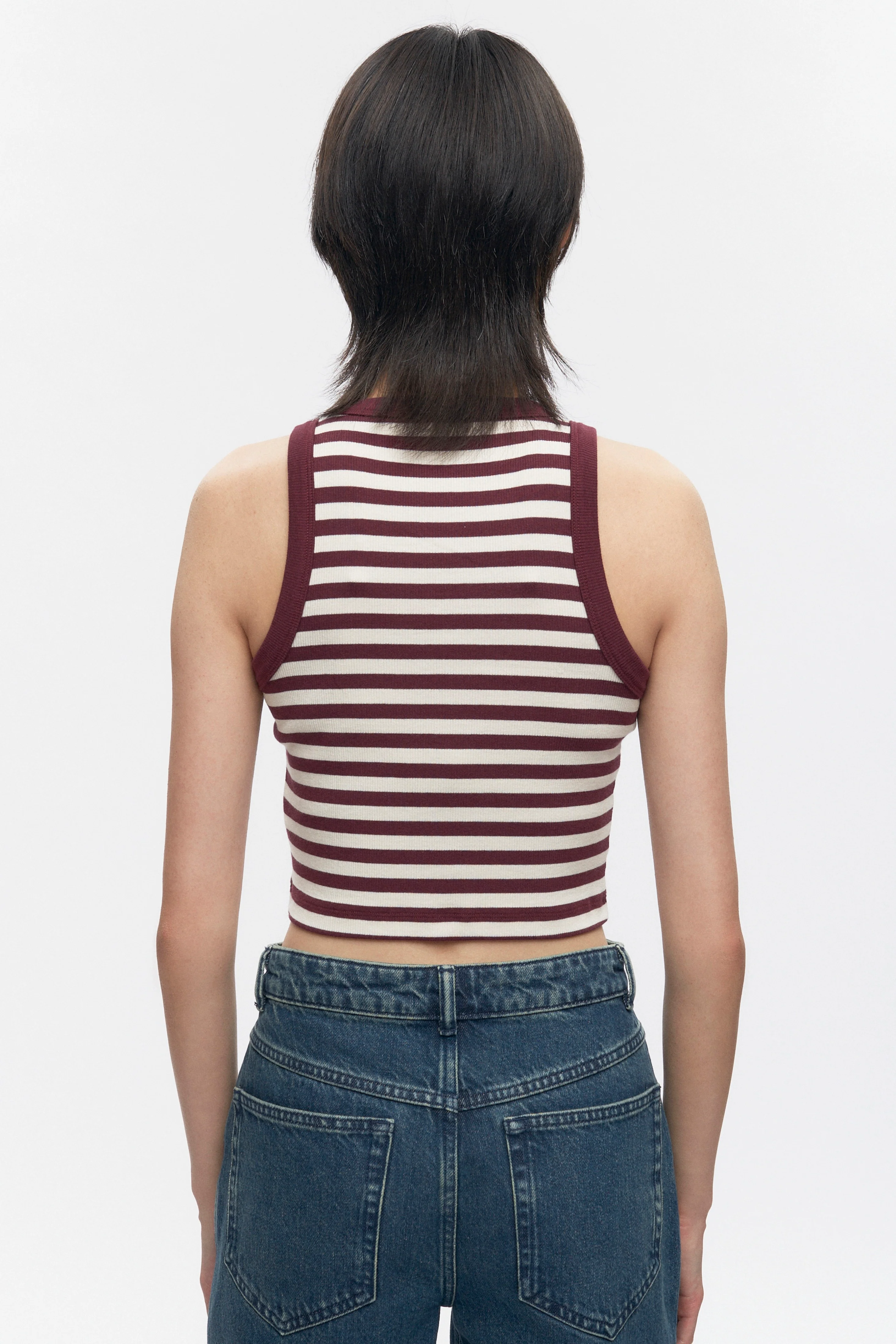 Women's Crop Racer Tank in Plum/Marshmallow Stripe - Image 5