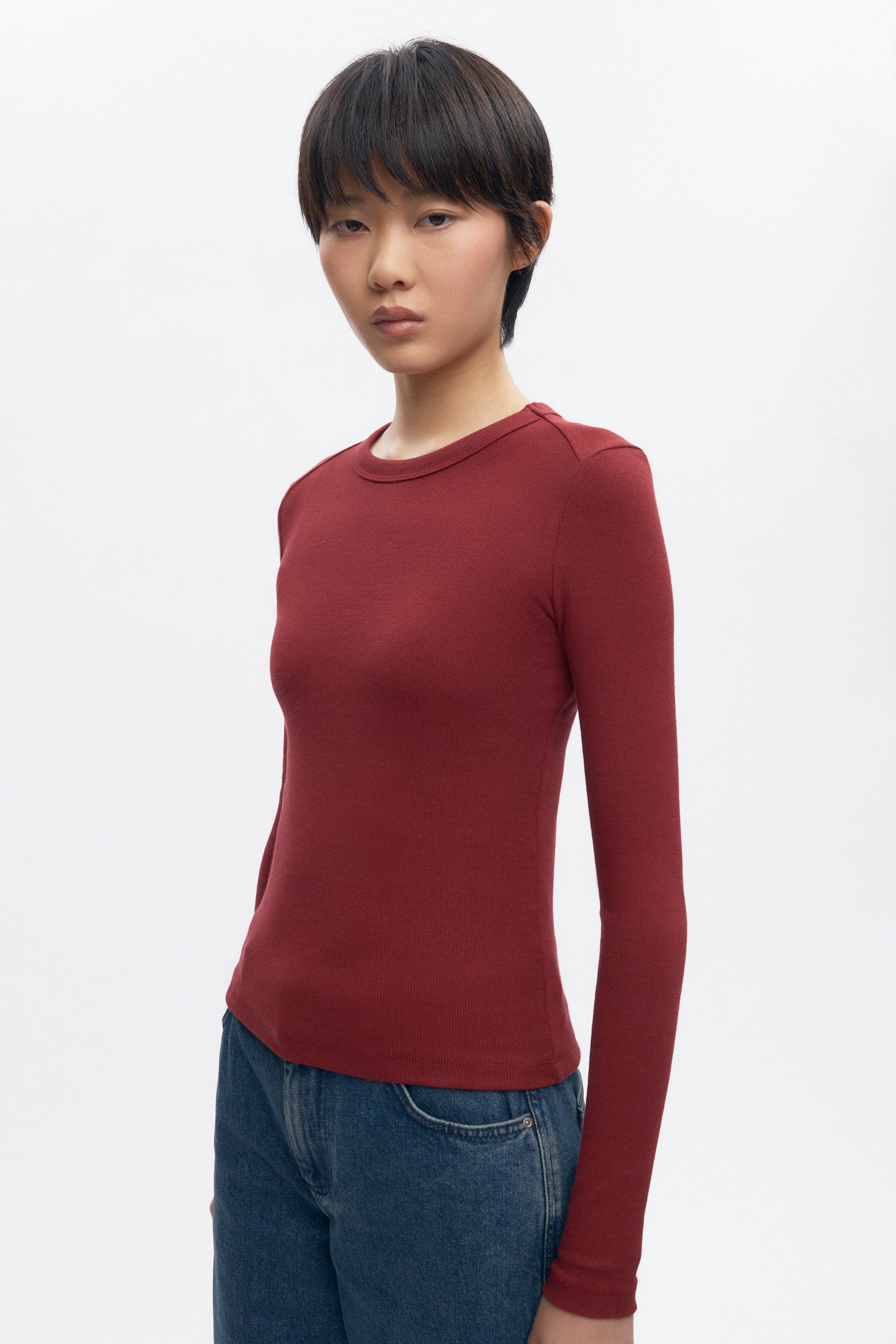 Women's Fitted Rib Longsleeve in Cabernet - Image 3