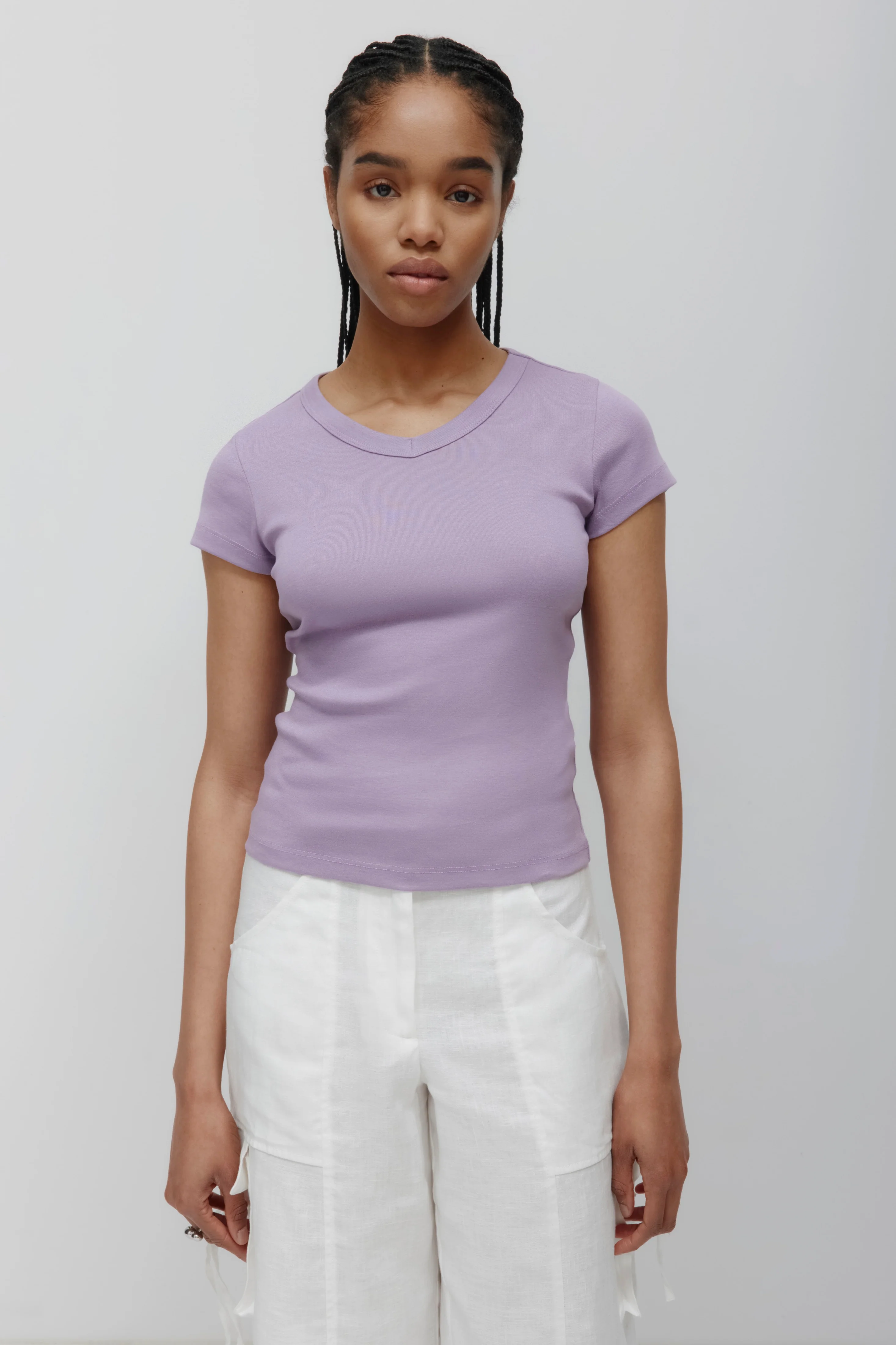 Women's High V-neck Tee in Mauve - Image 3