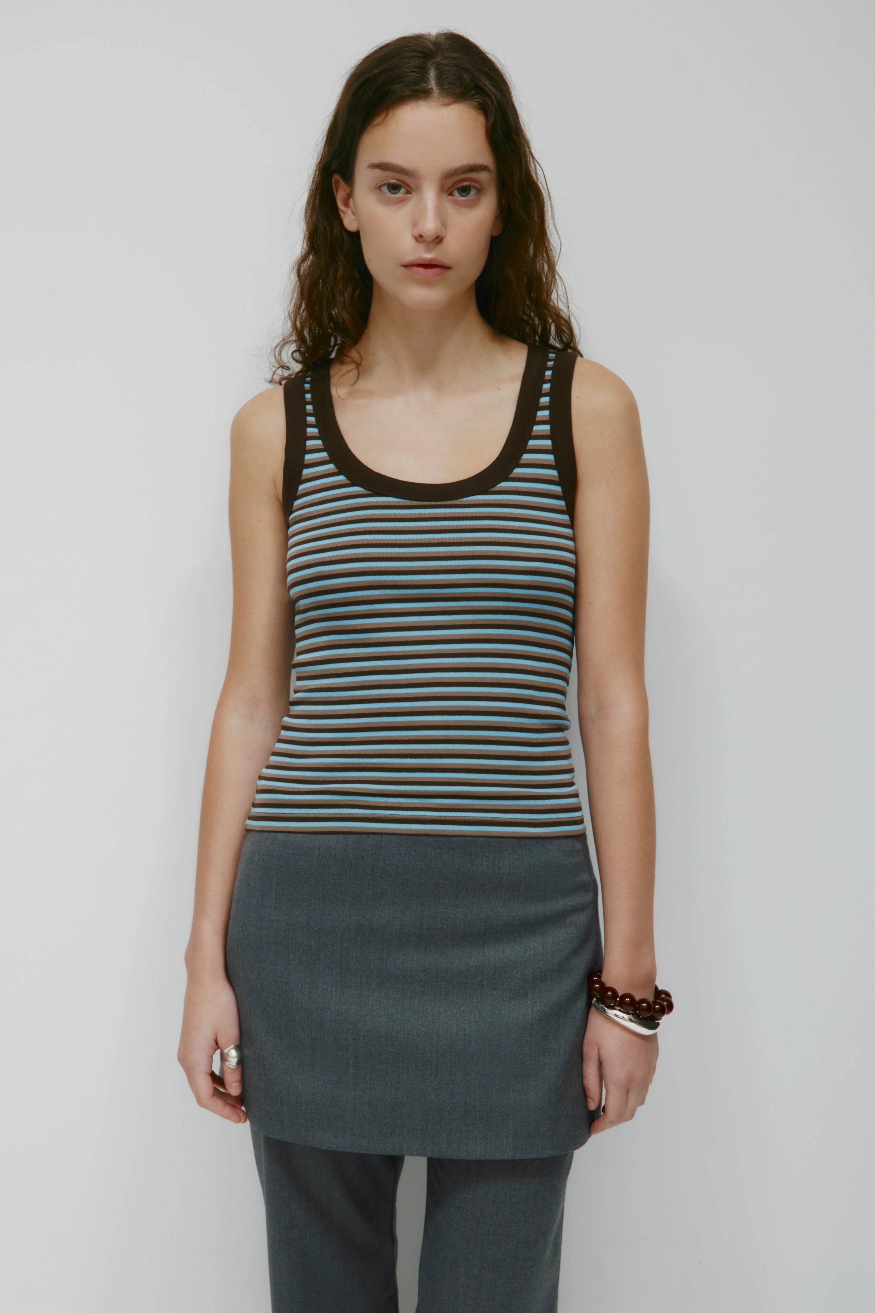 Women's Micro Rib Scoop Tank in Espresso/Taupe/Azure Stripe