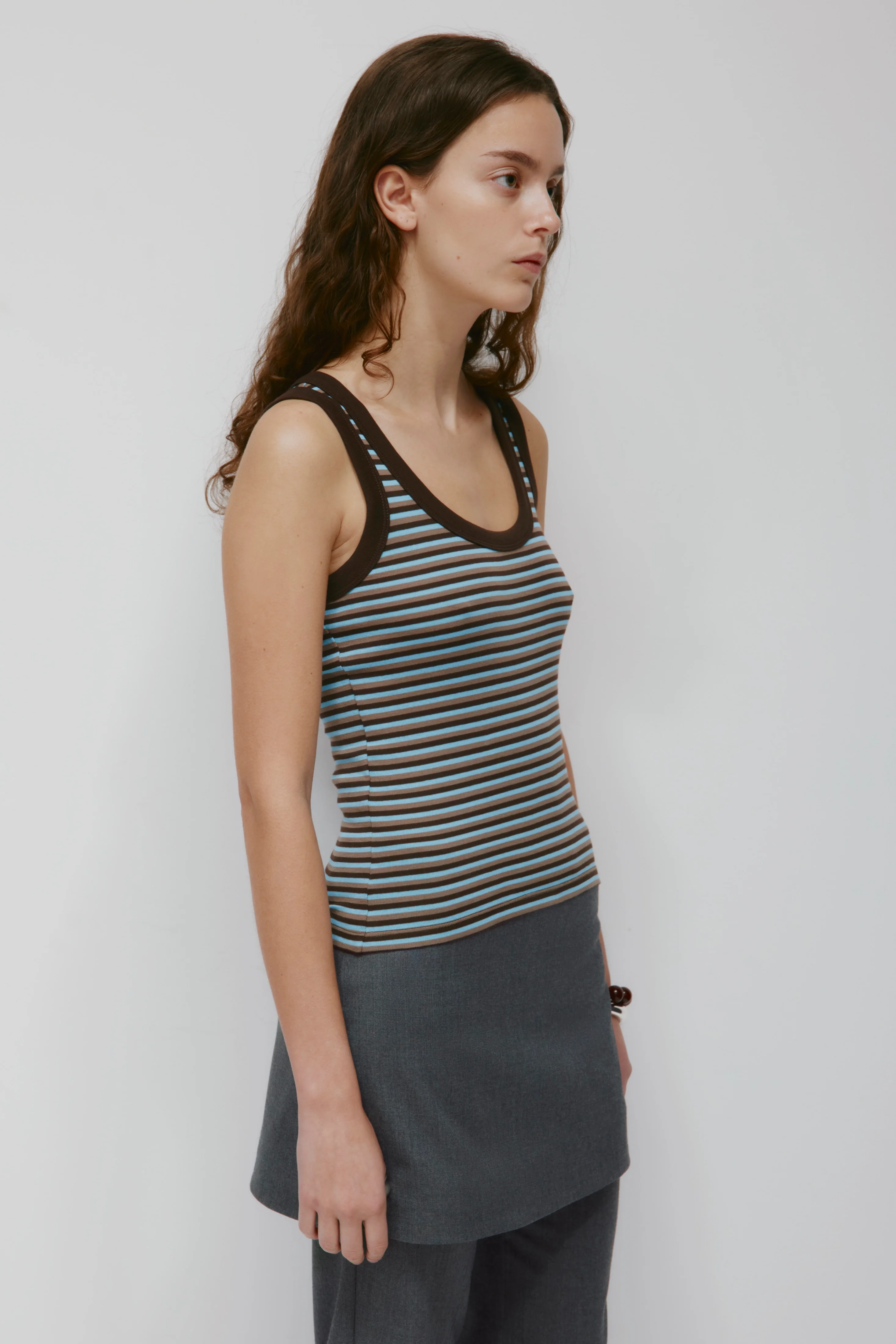 Women's Micro Rib Scoop Tank in Espresso/Taupe/Azure Stripe - Image 4