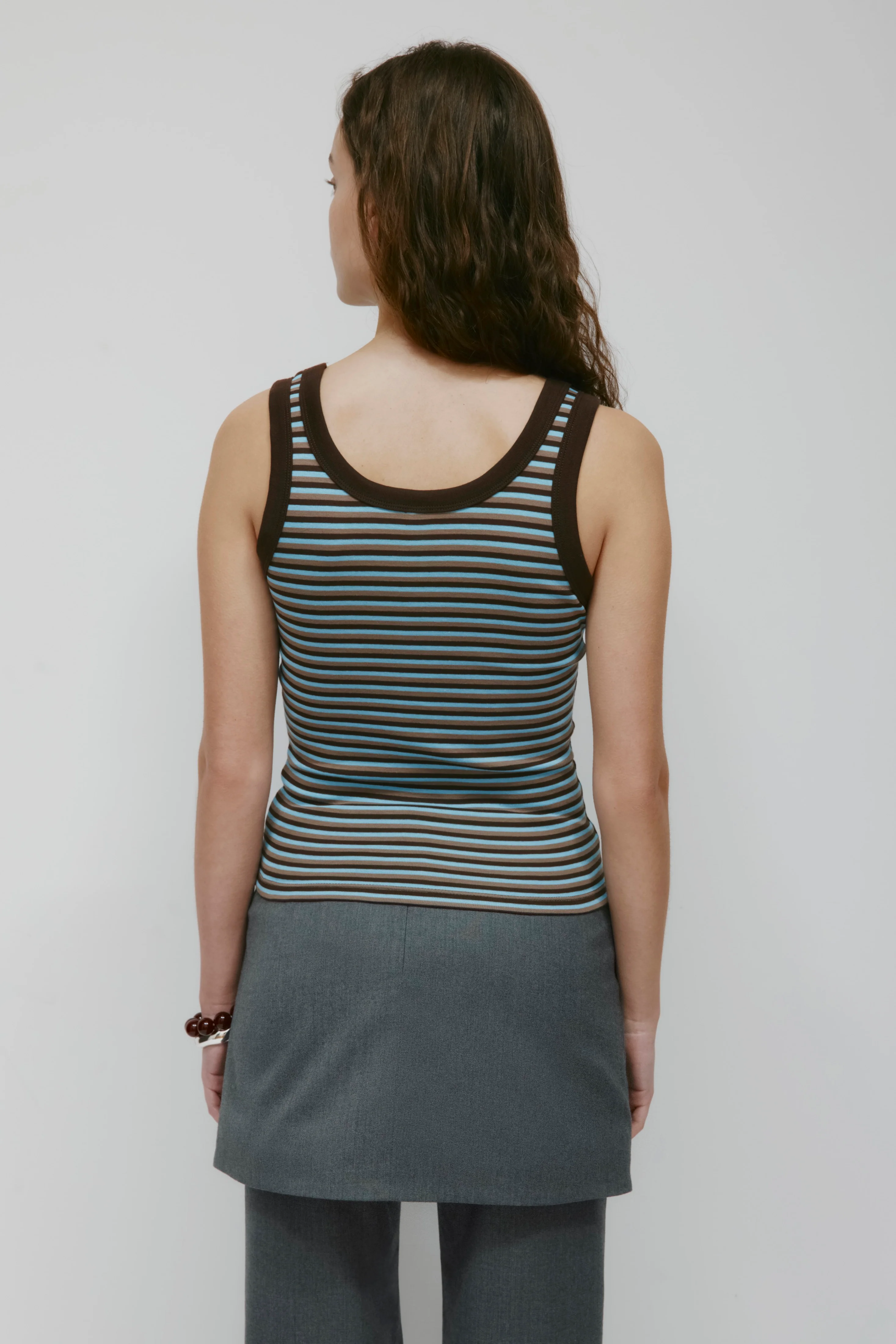 Women's Micro Rib Scoop Tank in Espresso/Taupe/Azure Stripe - Image 5