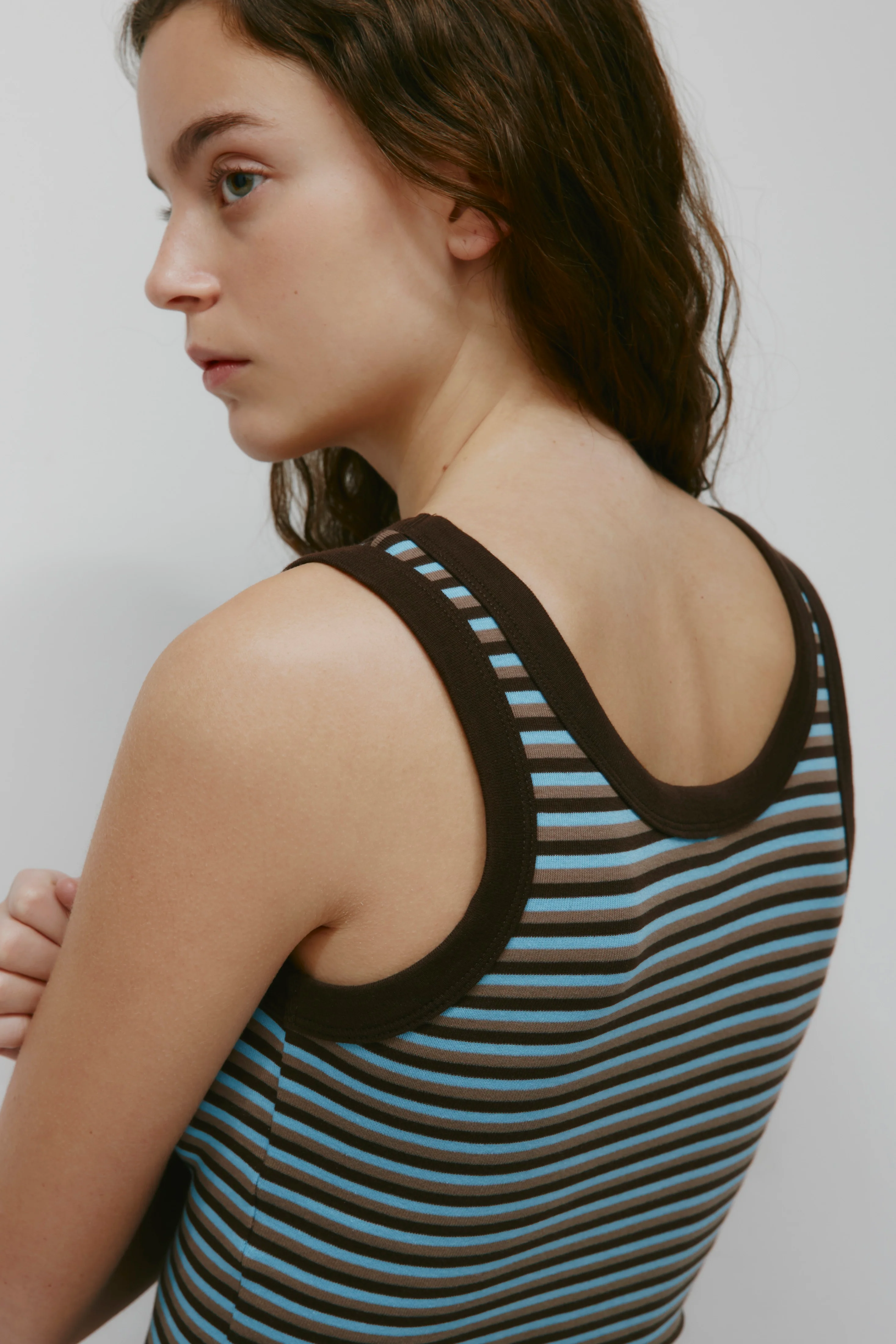 Women's Micro Rib Scoop Tank in Espresso/Taupe/Azure Stripe - Image 6