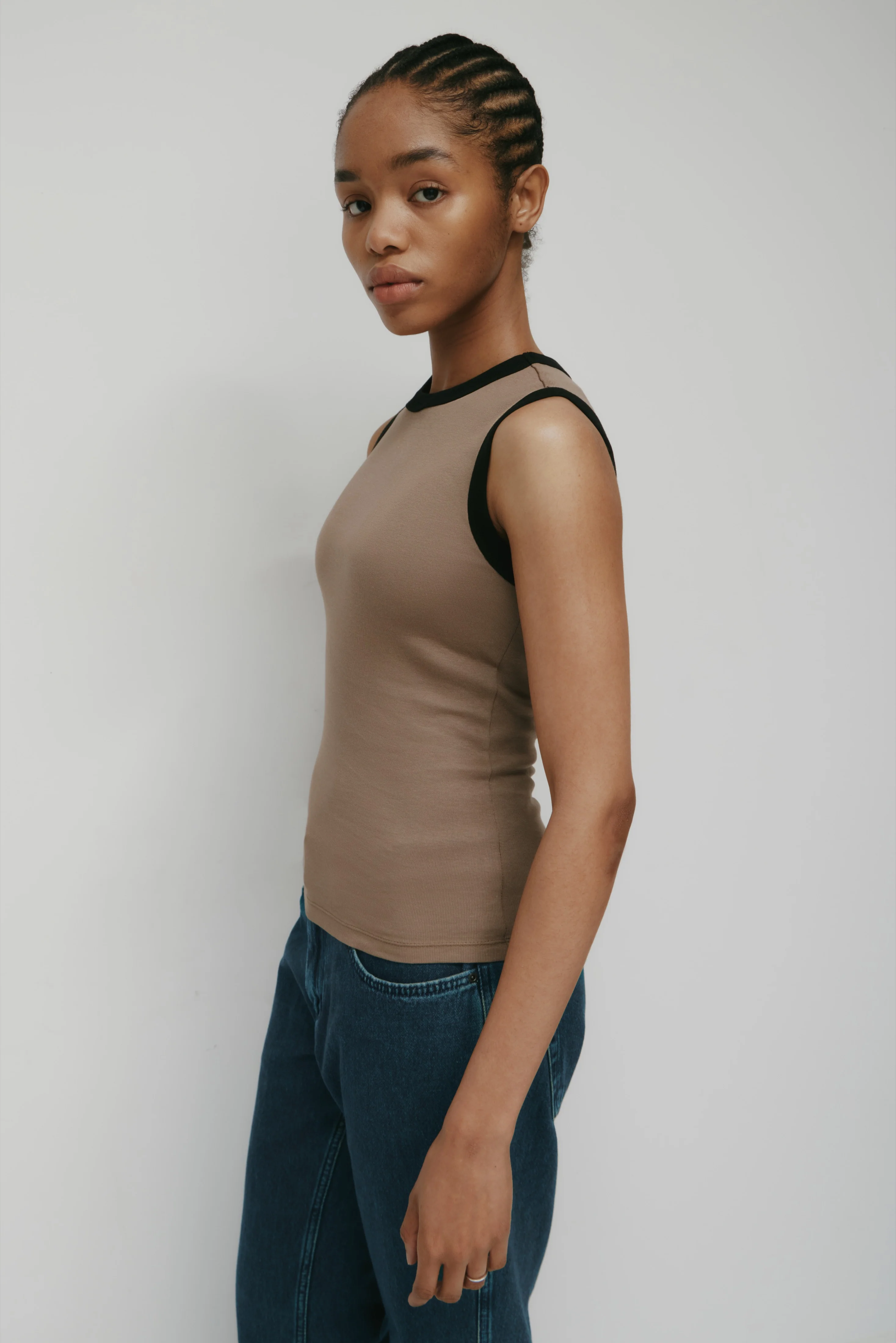 Women's Muscle Tank in Taupe/Black - Image 3