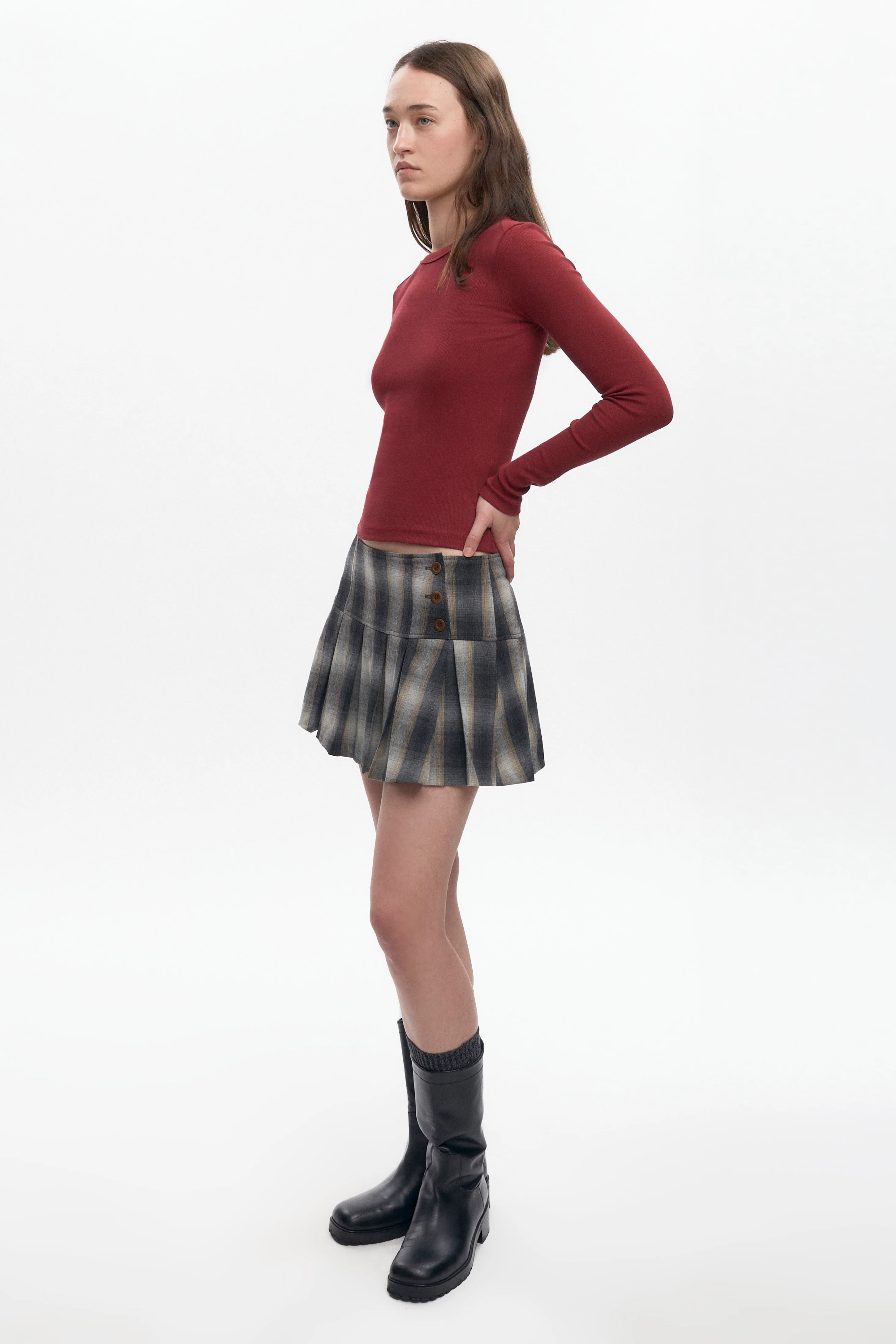 Women's Nadia Low Rise Mini Skirt in Sand Plaid - Image 5
