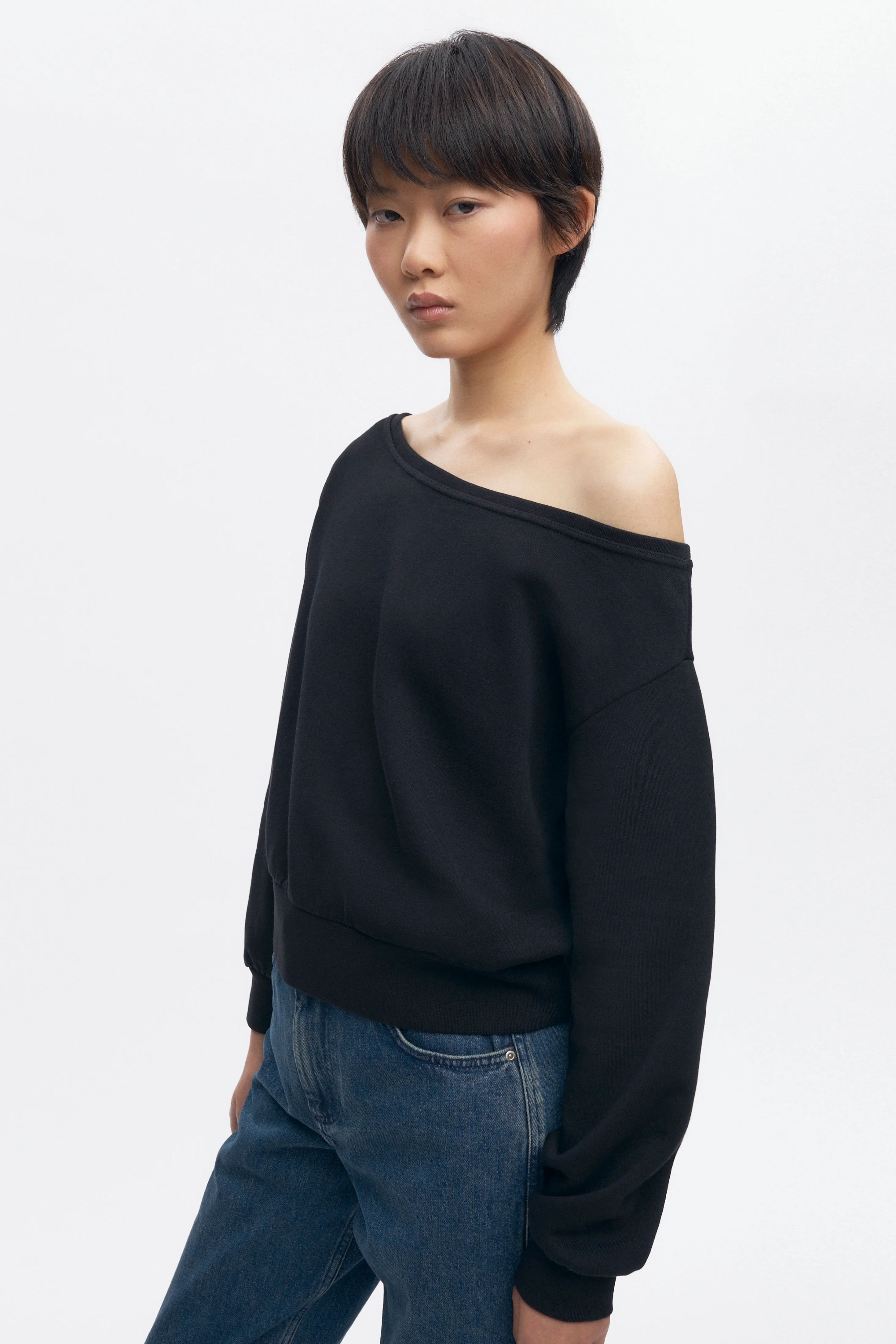 Women's Off Shoulder Sweatshirt in Black - Image 4