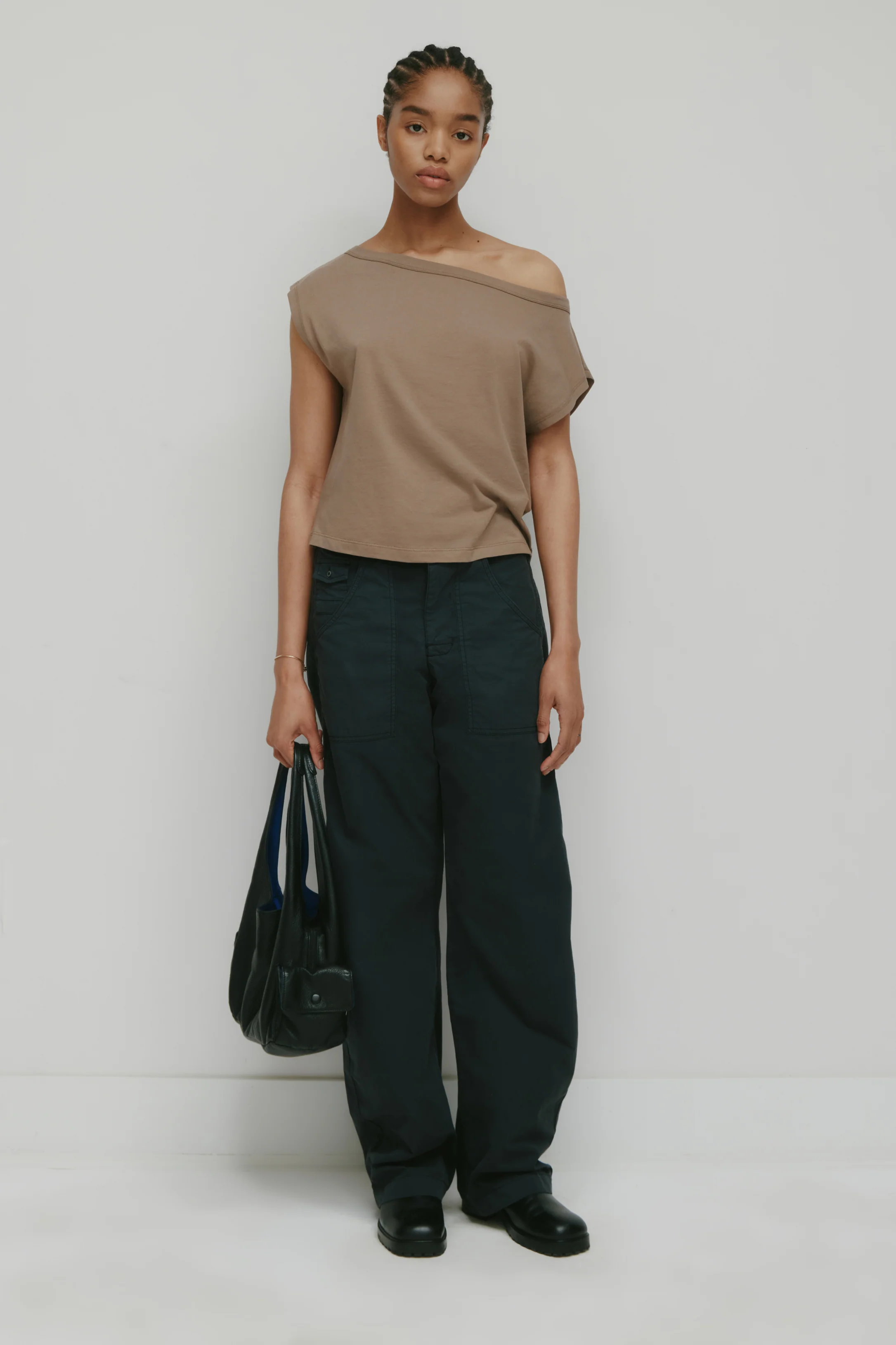 Women's Off Shoulder Tee in Taupe - Image 3