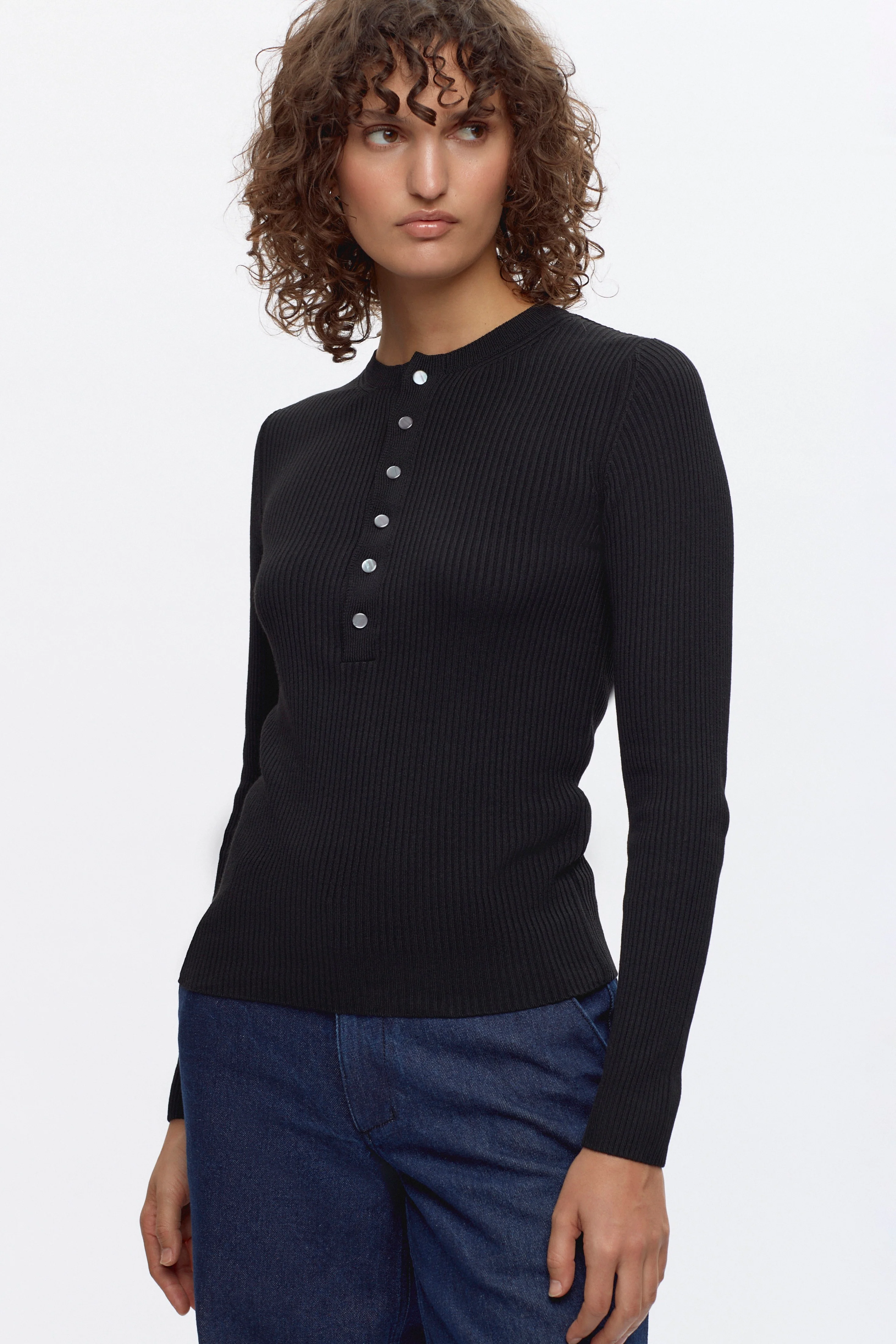 Women's Rib Henley in Black - Image 2